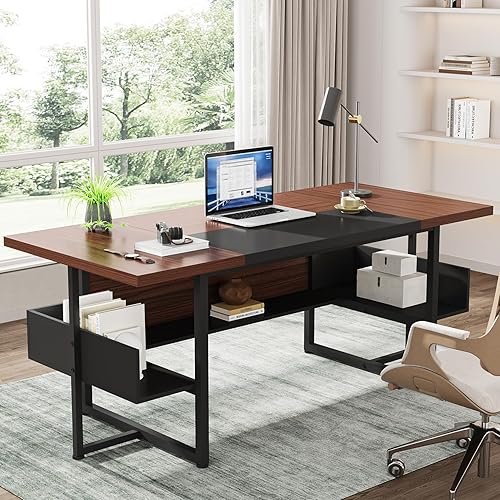 Miniatura 8 de Tribesigns 62 Inch Big Computer Desk with Storage Shelves, Modern Executive Desk Workstation for Home Office Furniture, Walnut & Black