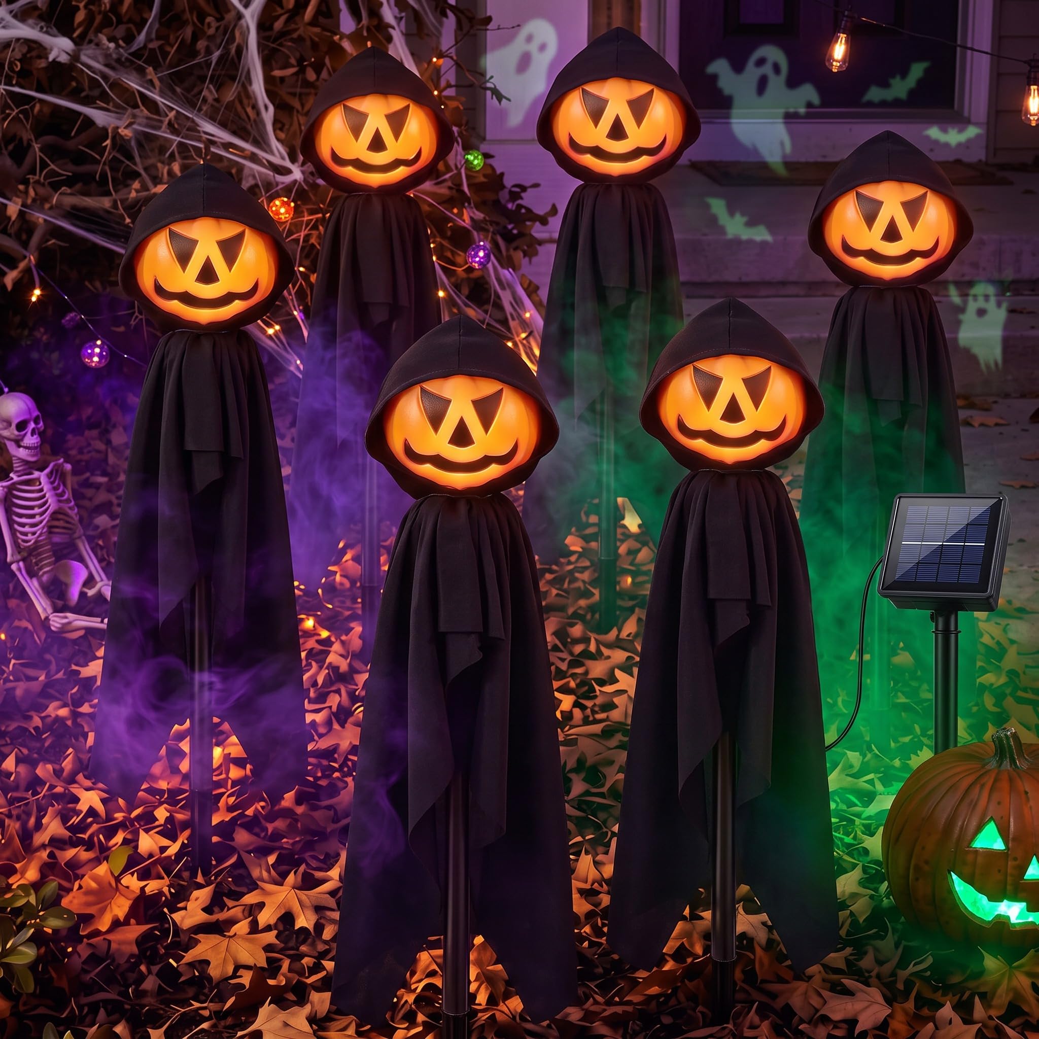 Pinkunn Paquete de 6 luces solares de calabaza para Halloween, color negro