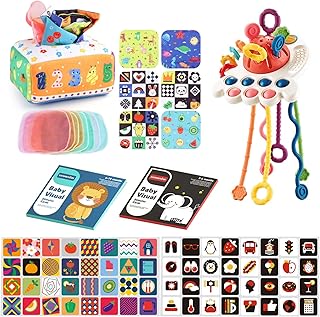 3 In 1 Baby Sensory Toys 6-12-18 Months, Montessori Pull String Infant Teething Toy Tissue Box Toy and Visual Stimulation Cards Learning Toys for Babies 3-6-9 Months, One Year Old Girl Boy Gift