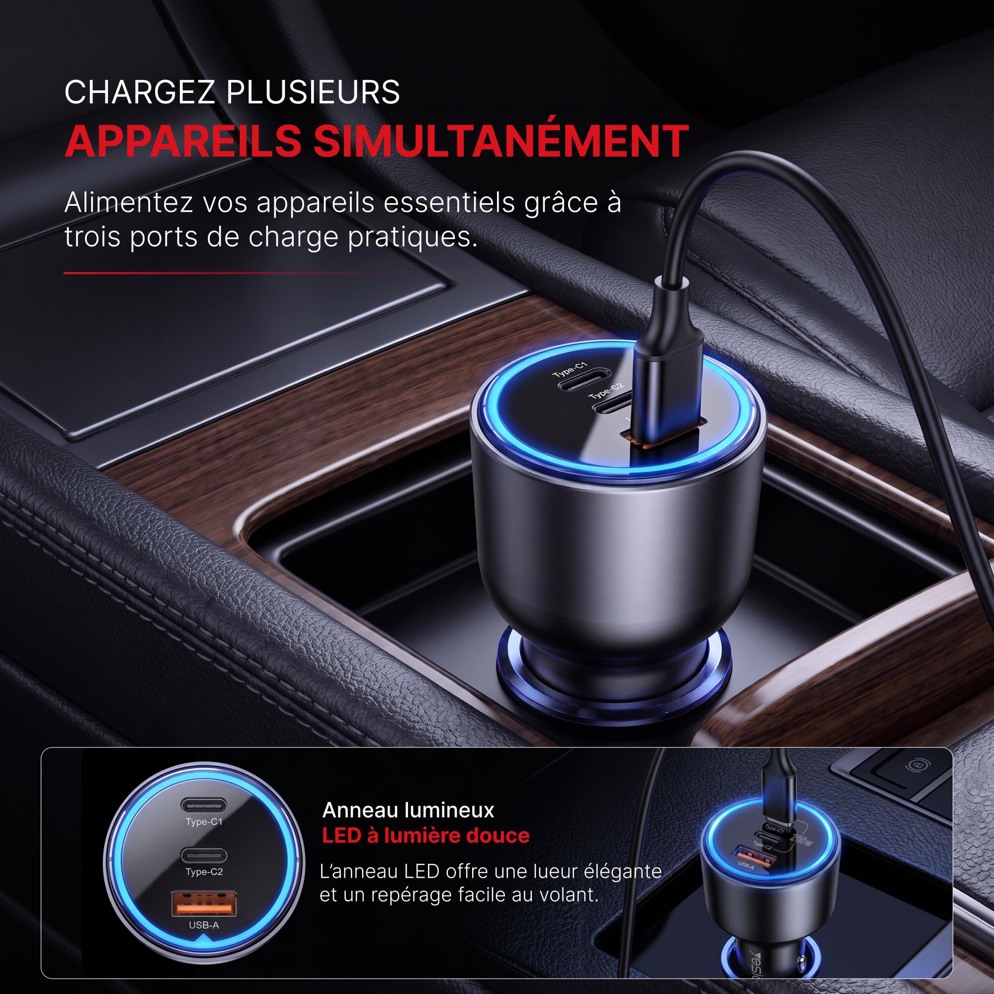 Yesido Y59 - Cargador de coche (200 W, USB-C PD 100 W, 100 W, control de calidad y 18 W), color