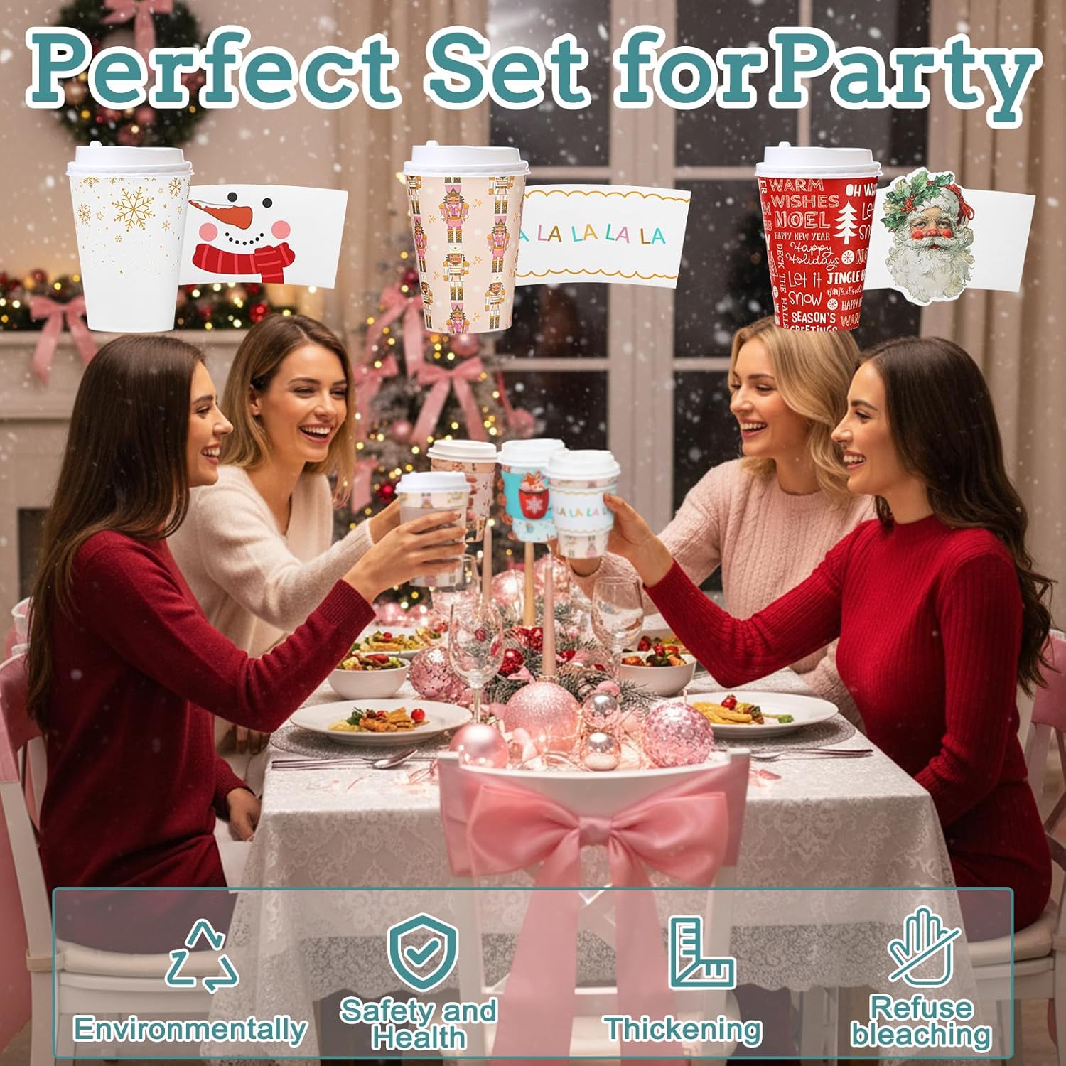 Gueevin 72 Set/ 216 Pcs Christmas Paper Cups Disposable 12 oz Christmas Coffee Cups with Lids and Sleeves Xmas Winter Party Supplies for Hot Chocolate Cocoa Cold Drinks Water Supplies(Novelty)