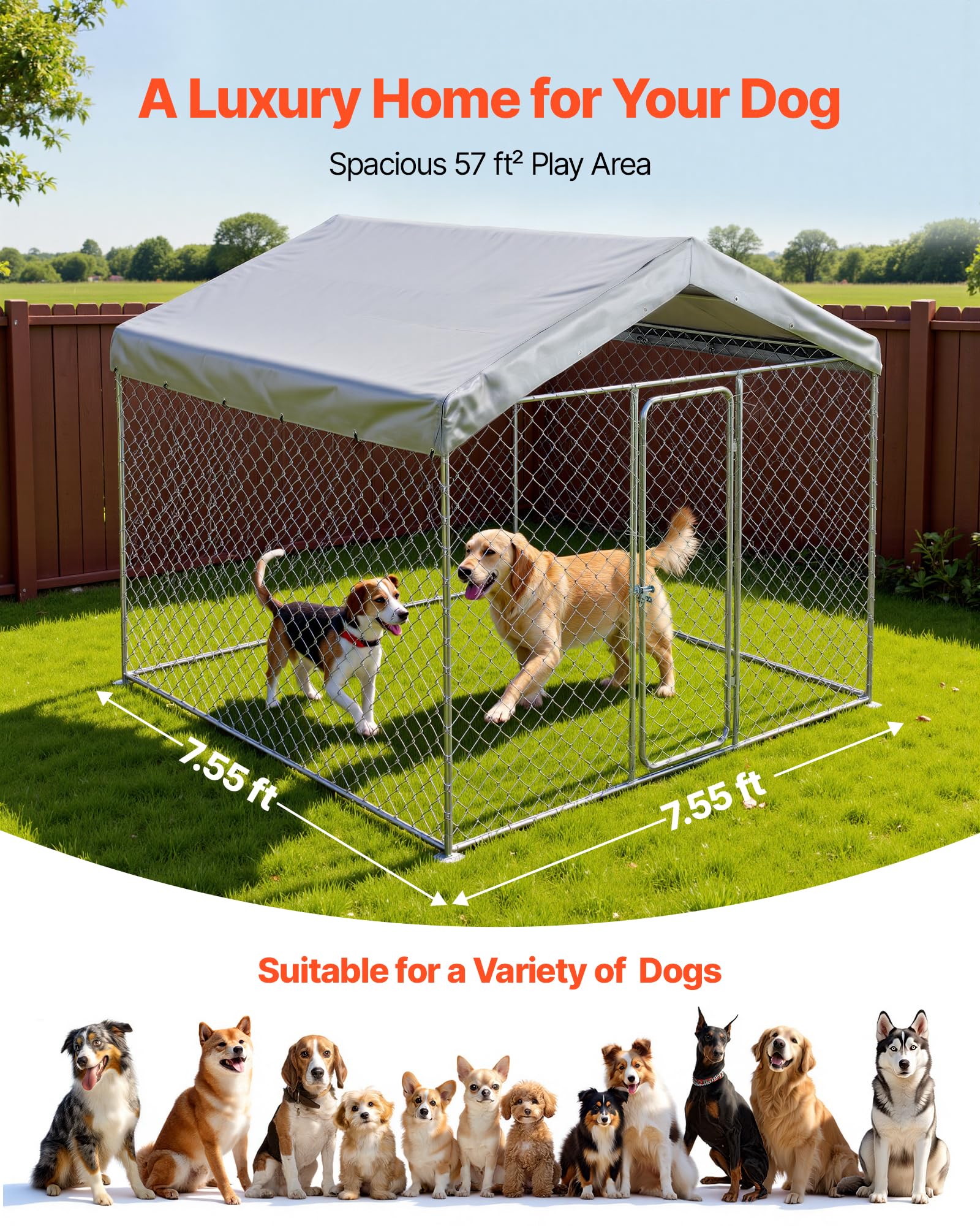VEVOR Hundezwinger, 2,3 x 2,3 x 2,15 m, Hundehütte mit Sicherheitsschloss, Outdoor Hundehaus mit UV-Beständiger & Wasserdichter Dachabdeckung, Robuste Hundegehege/Auslauf für Große Hunde