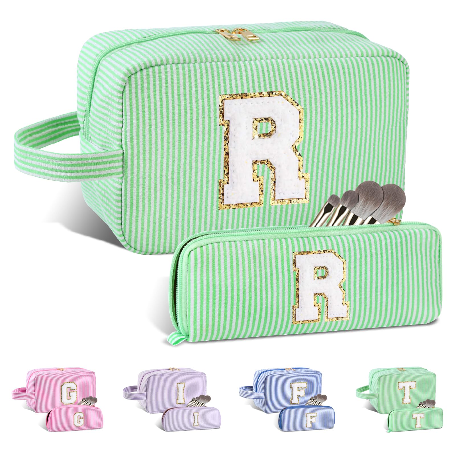 Huifen 2pcs Personalized Initial Makeup Bag A-Z, Travel Toiletry Bag Preppy Cosmetic Bag Make Up Pouch for Women Valentines Mothers Day Birthday Gifts