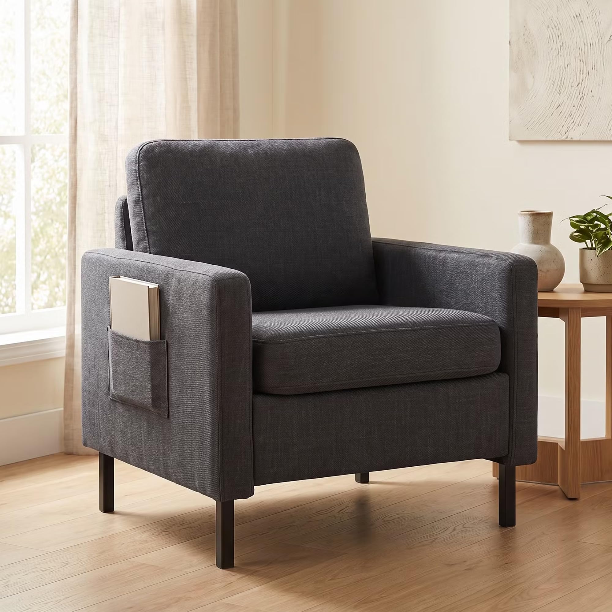STHOUYN Modern Accent Chairs, Bedroom Chair with Side Pockets, Linen Fabric Living Room Chair, Side Arm Chairs for Apartment, Waiting Room (Dark Grey, 1pc)