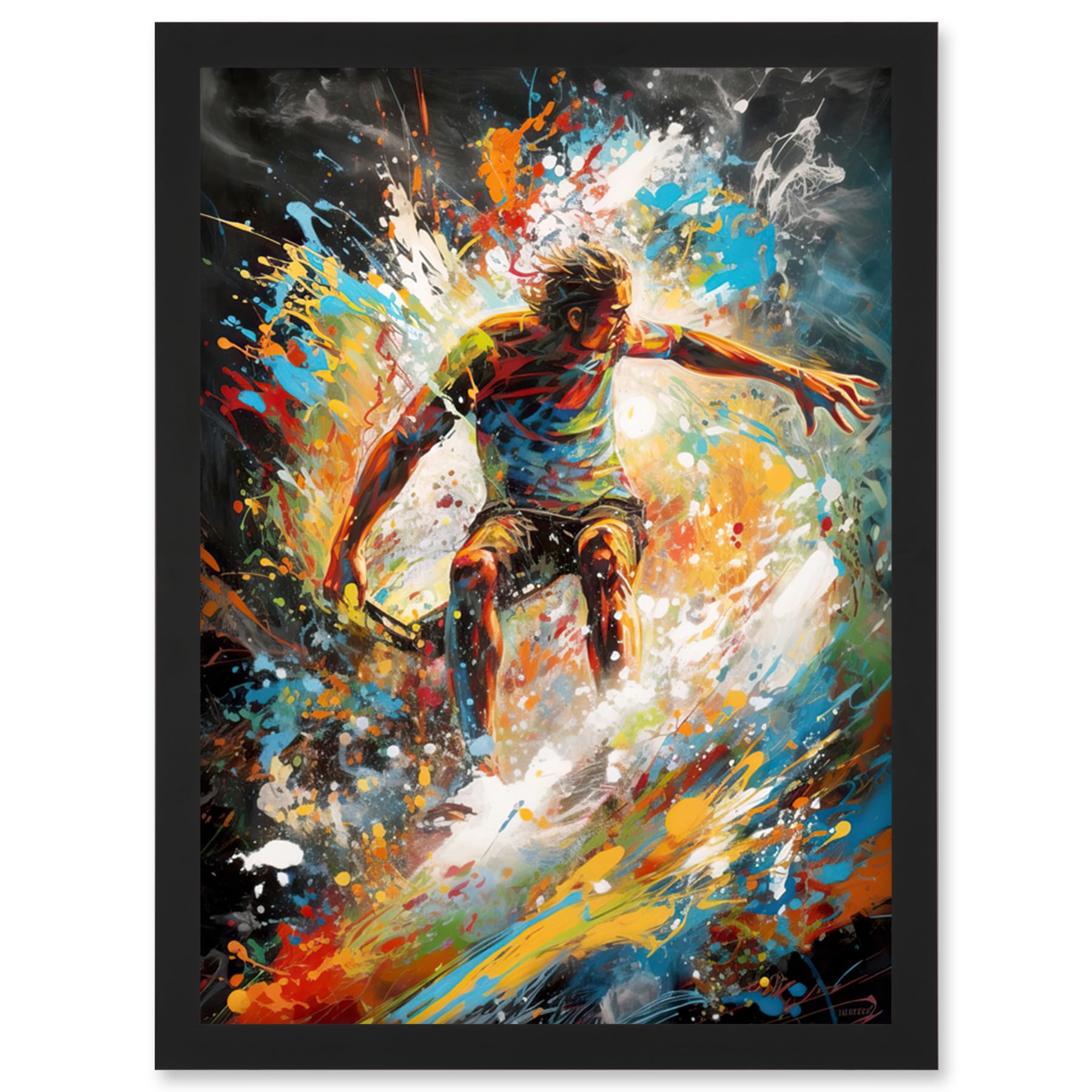 Artery8 Surfer Surfing on Crashing Waves Splatter Paint Artwork Framed Wall Art Print A4