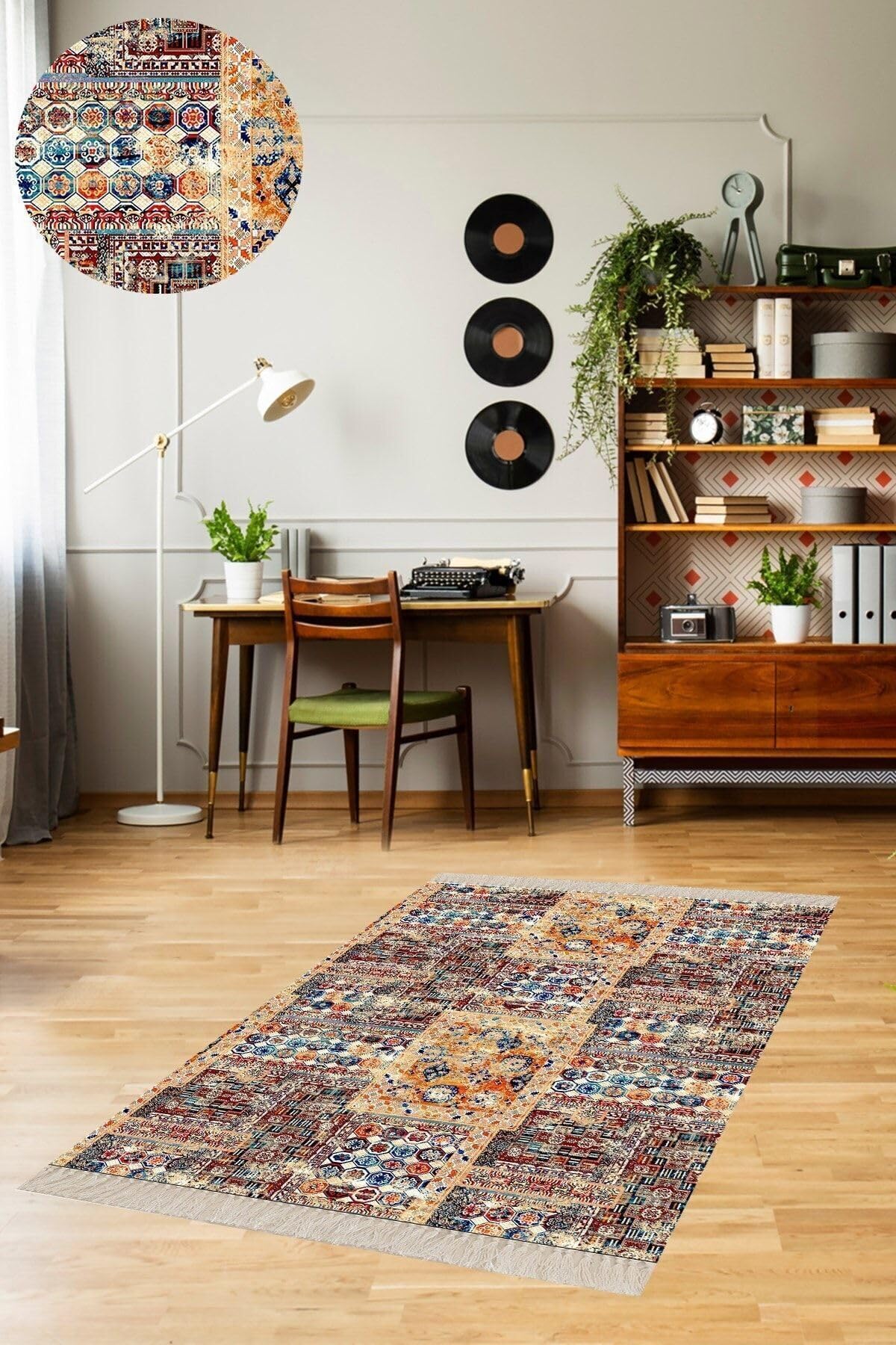 Pelangi Kırkyama Patchwork Desenli Etnik Dijital Baskı Yıkanabilir Kaymaz Taban Salon Halı Yolluk, Bej-Mavi 60 x 120