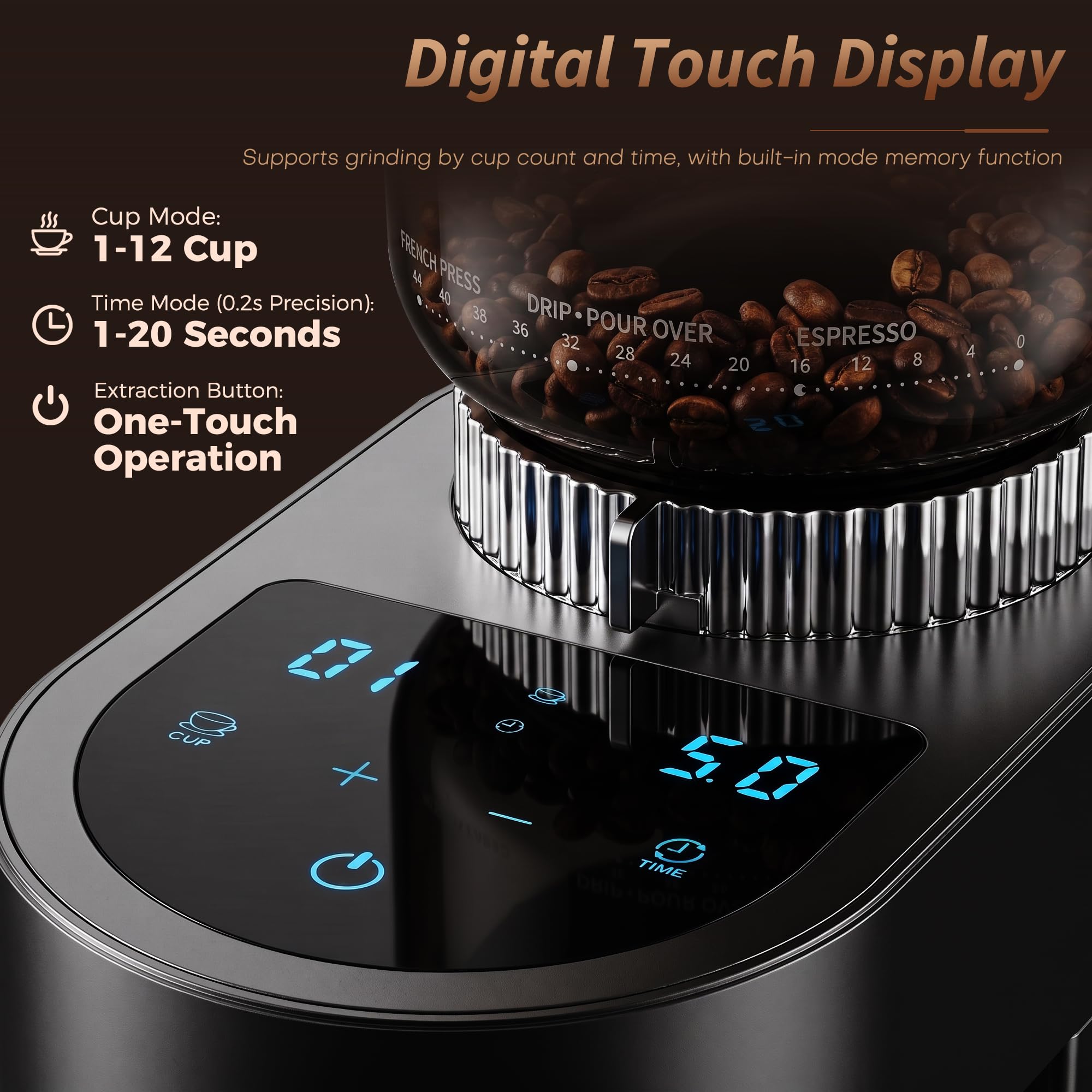 Bostar Molinillo de Café Eléctrico con 60 Niveles de Molienda, Pantalla Táctil LED Molinillo de Café para Espresso Café Filtrado Prensa Francesa, 1-12 Tazas| 1-20s Ajustable