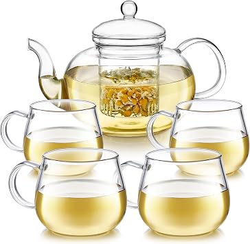 Teabloom Heatproof Glass Teapot Set with Removable Loose Tea Infuser Standard Size 32oz/946ml and Four Borosilicate Glass Teacups 7oz/207ml - Lead-free Complete Tea Set