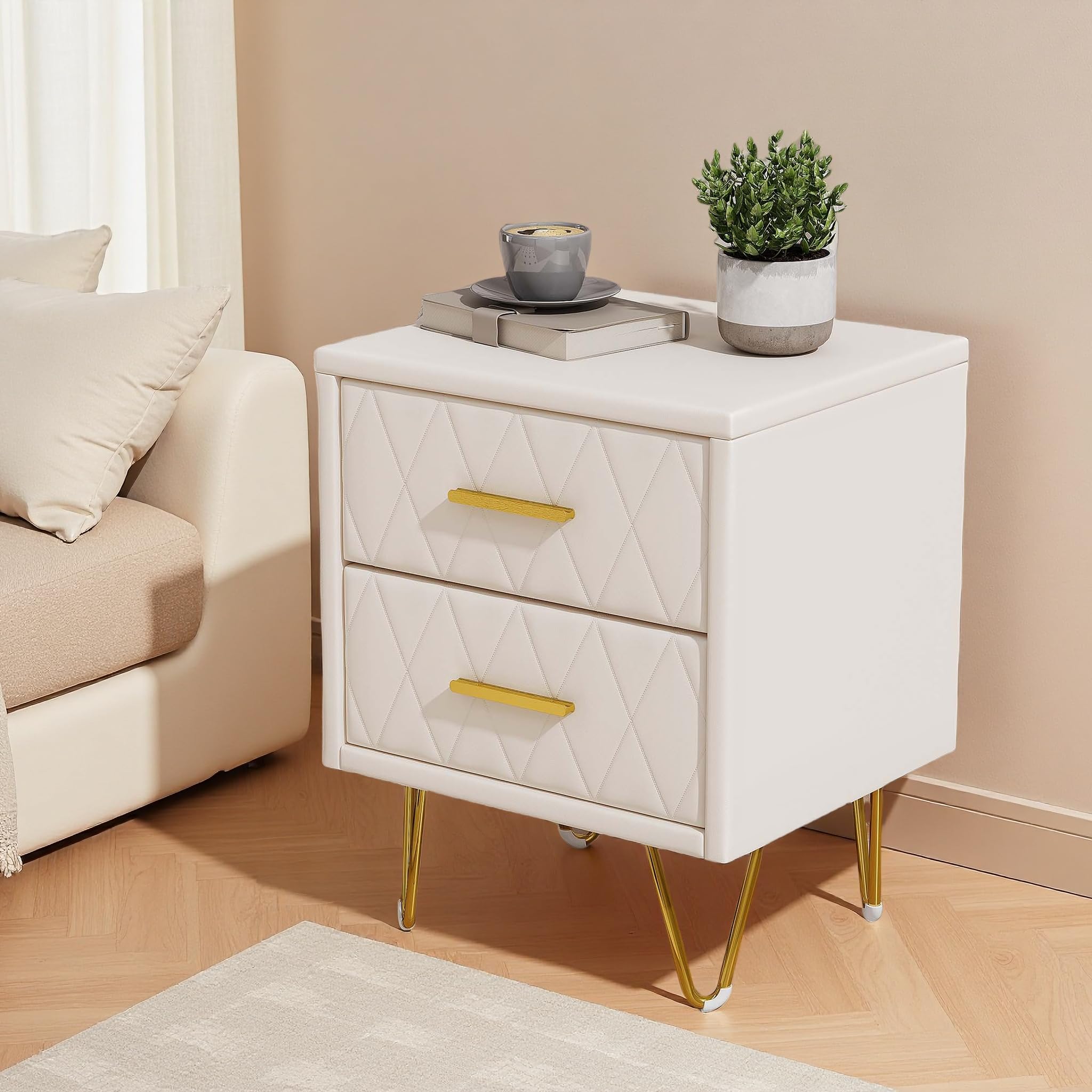 Comodino con 2 cassetti, superficie in pelle, tavolino con piedini e maniglie in metallo per camera da letto, soggiorno, 41 x 35,5 x 51 cm (beige PU+2 cassetti, 2 unità)