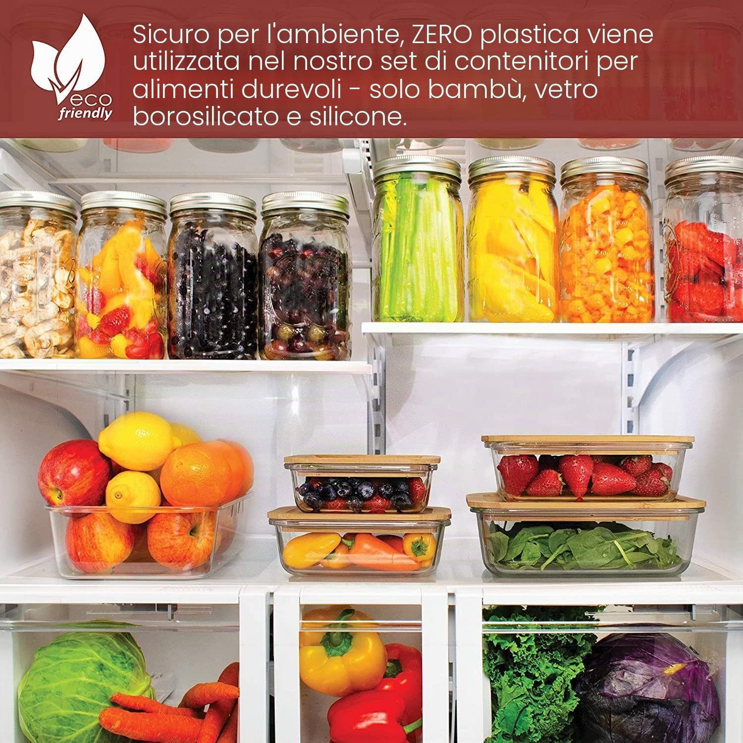 Gramercy Contenitore in Vetro per Alimenti 4x con Coperchio Bambù - Senza BPA, Anti-Perdite