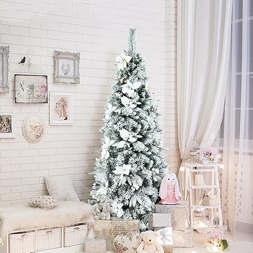 Miniatura 8 de GOFLAME Árbol de Navidad artificial de 6 pies con nieve, nuevo árbol de PVC y PE con 471 puntas de rama, soporte de metal plegable, bayas blancas y