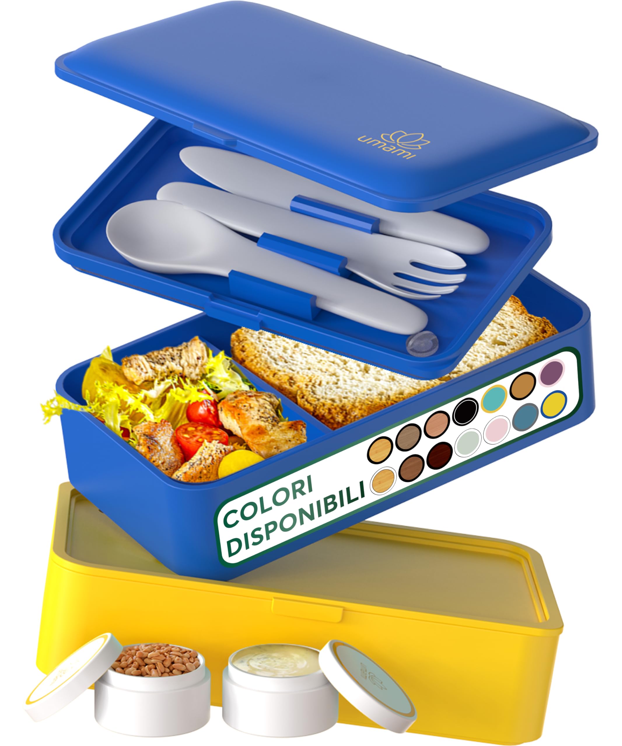 Umami Porta Pranzo Lunch Box Ermetico 4 Scomparti e Posate, Sicuro per Microonde, Lavastoviglie, Portapranzo Ufficio, Bento Lunchbox Prova di Perdite per Adulti, Schiscetta Pranzo, Blu E Oro, 1200 ml