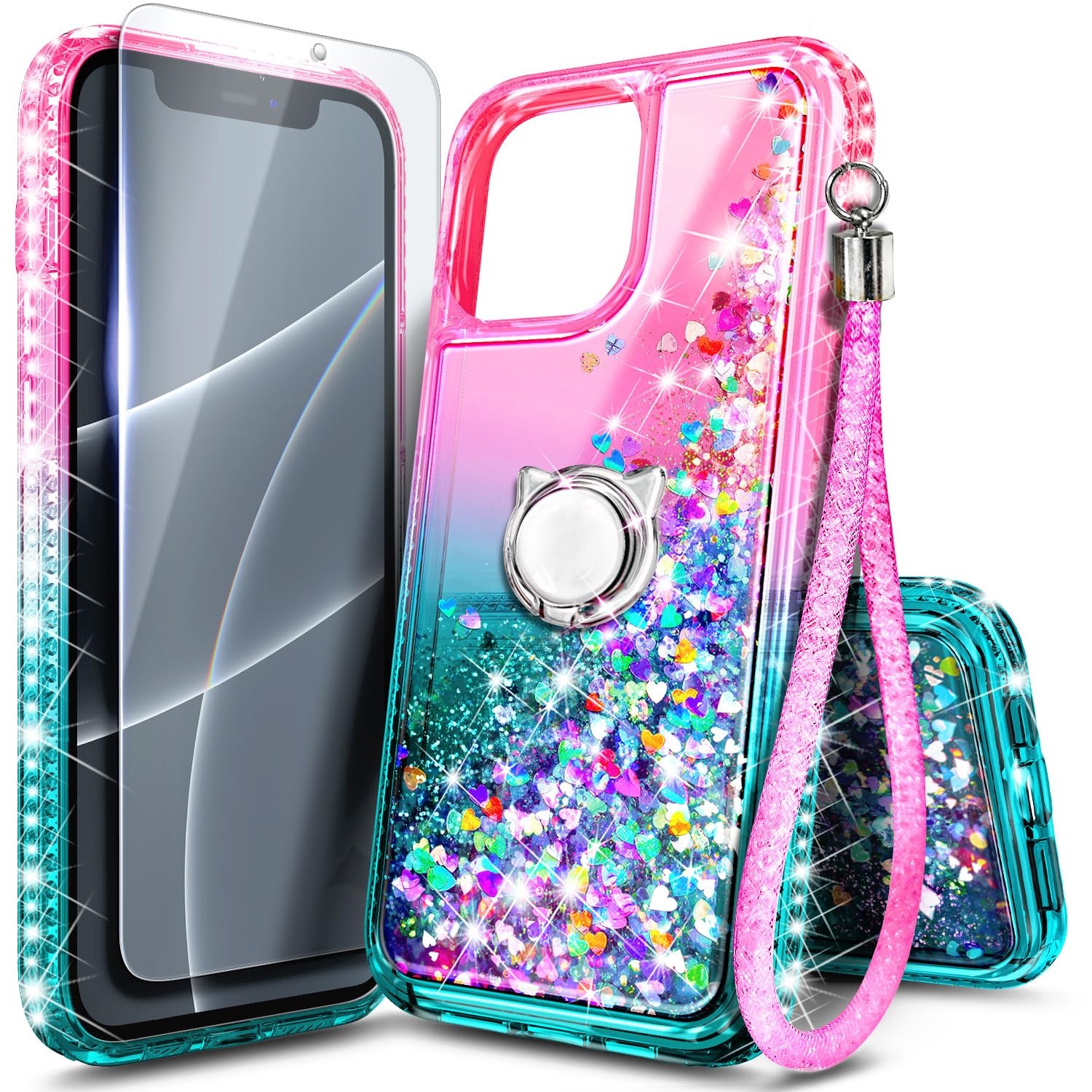 NGB Supremacy Compatible with iPhone 12 Mini Case with Tempered Glass Screen Protector, Ring Holder/Wrist Strap, Girls Women Liquid Bling Sparkle Floating Glitter Cute Phone Case (Pink/Aqua)