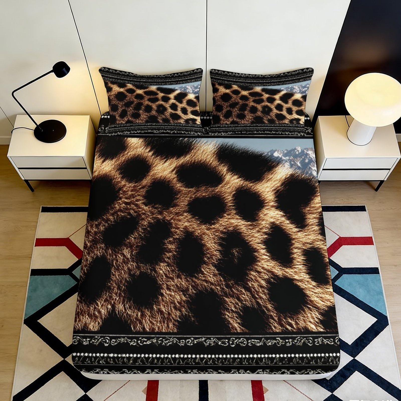 Stylish leopard design 3D Printed Fitted Sheet, soft Microfiber, wrinkle resistant, perfect for apartment bedding, anti-slip bed decor 120x200x25cm