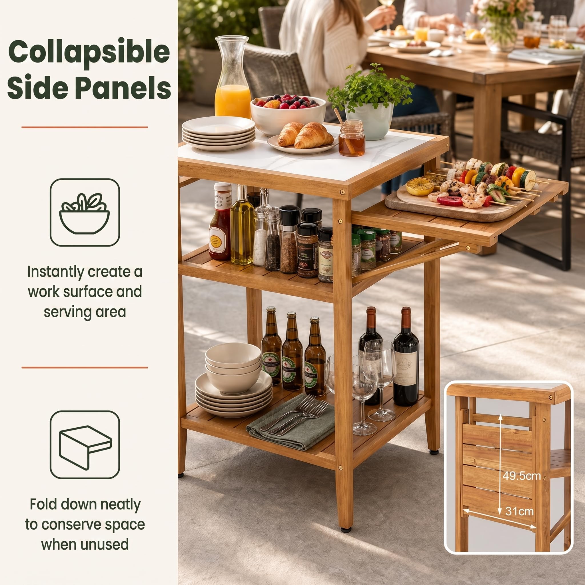 Giantex Mesa de Barbacoa de Exterior, Mesa de Parrilla de Madera de Acacia | 124,5x60x89,5cm, Mesa de Madera Acacia, Tablero con Diseño de Imitación de Mármol, Estantes de Listones, para Jardín, Terraza