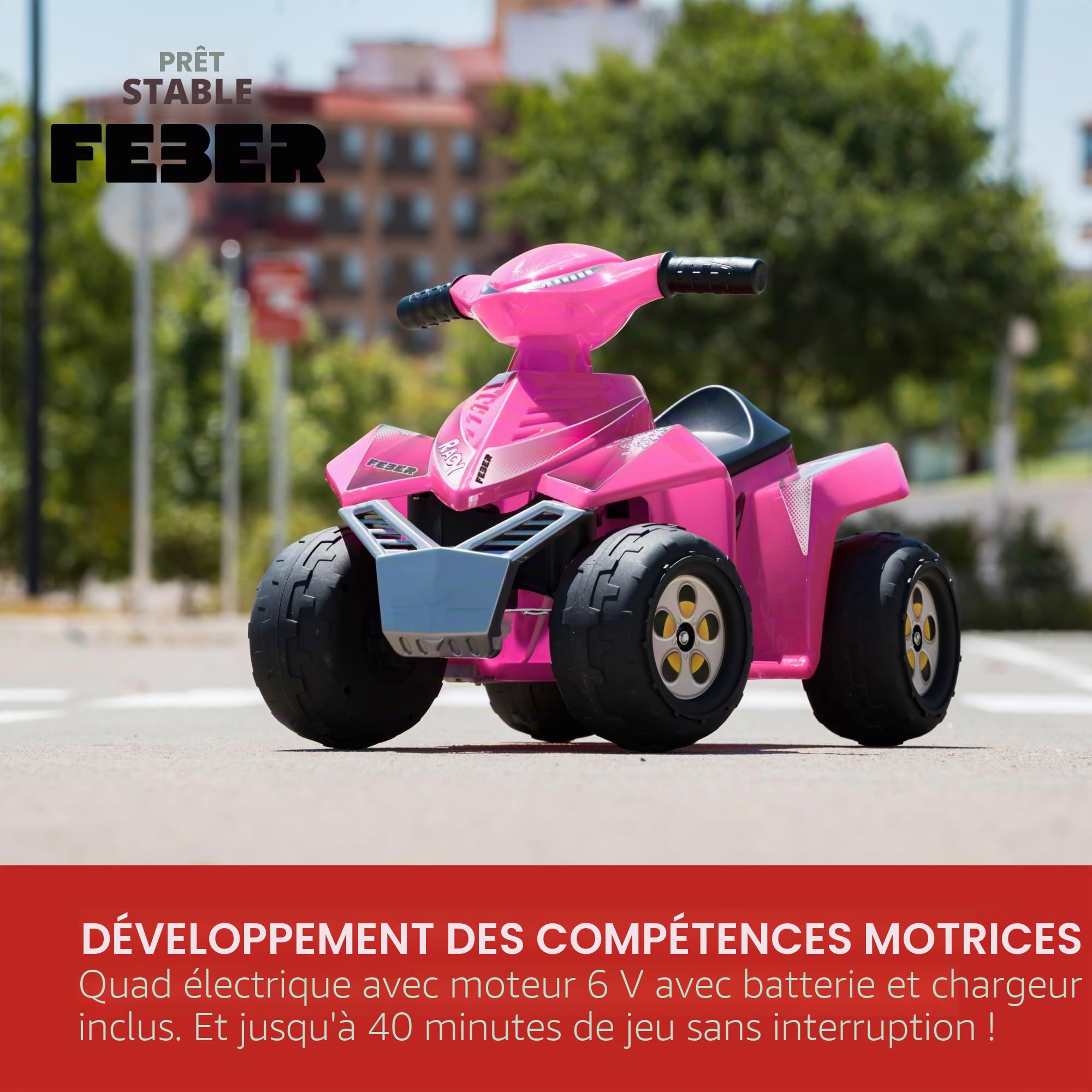 FEBER - Quad Racy Pink 6V, Voiture électrique pour Enfants de 18 Mois à 3 Ans, avec accélérateur, Grandes Roues Robustes pour Plus de stabilité, autonomie 40 Min, Chargeur Inclus, Famosa (FEN50000)