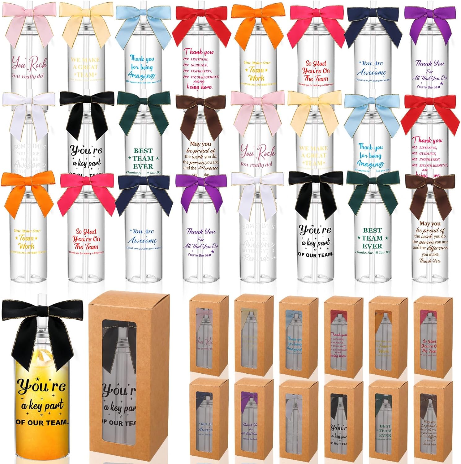 Skylety 24 Sets Team Appreciation Plastic Cups with Lids Straw and Twist Bow Employee Inspirational Gifts Bulk 14oz Reusable Tumbler Thank You Gift for Women Team Staff Coworker Administrative Day