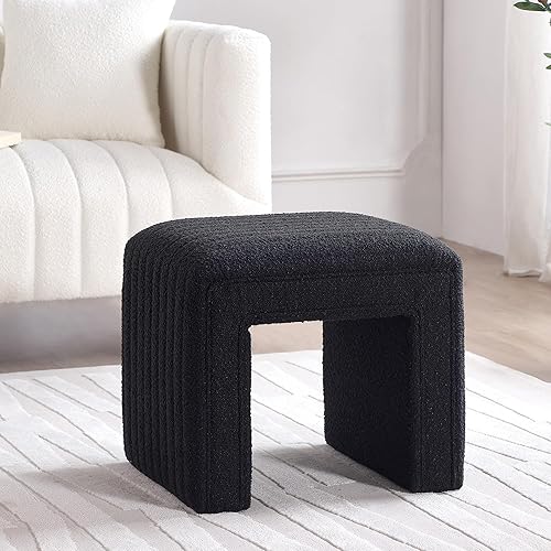 Get Set Style Taburete de tocador, moderno taburete otomano Boucle con patas de madera, sofá, banco, reposapiés, asiento adicional para tocador,
