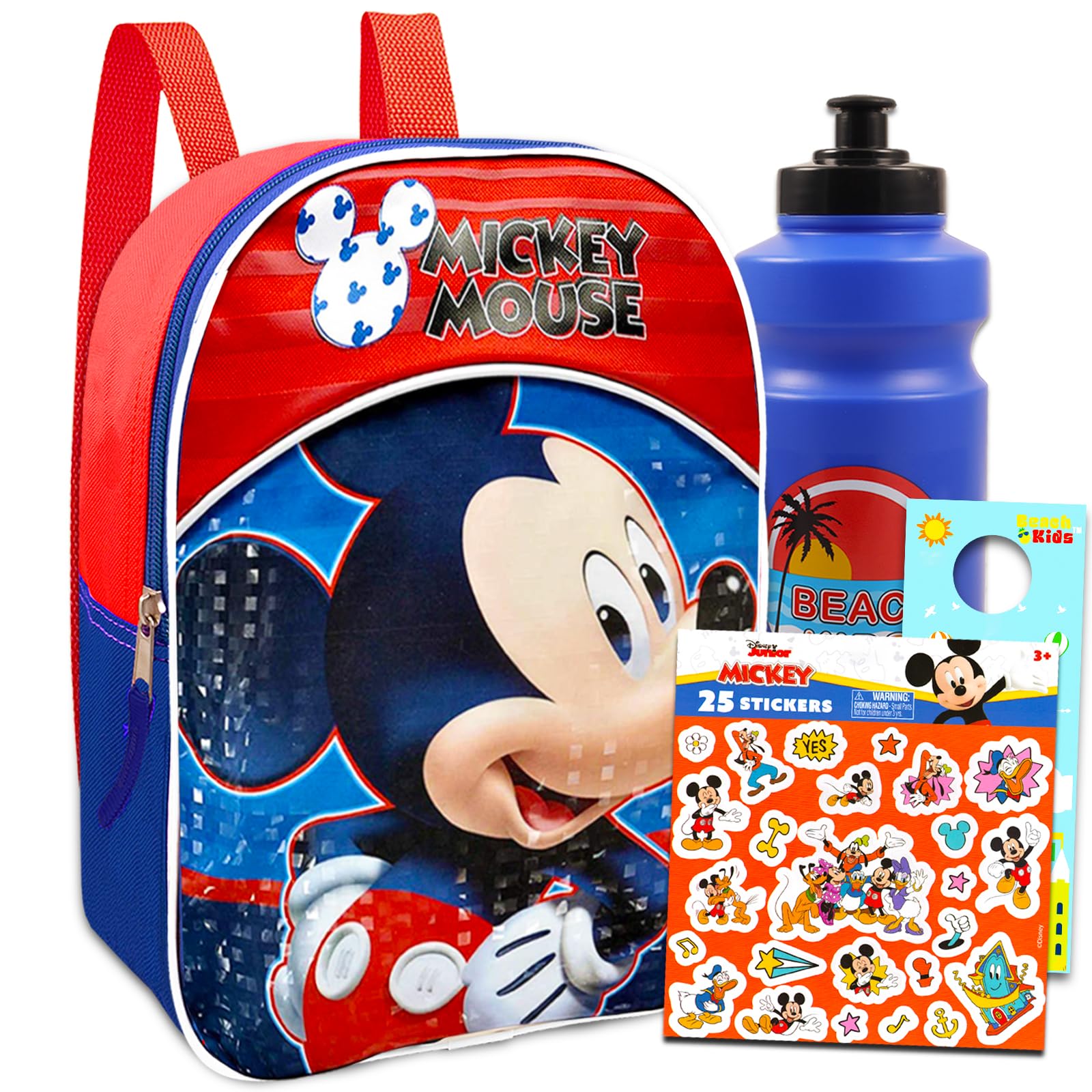 Mickey Mouse Mini Backpack for Toddler - Bundle with 11" Mickey Preschool Backpack, Water Pouch, Stickers, More | Mickey Mouse Small Backpack for Boys, Blue, S
