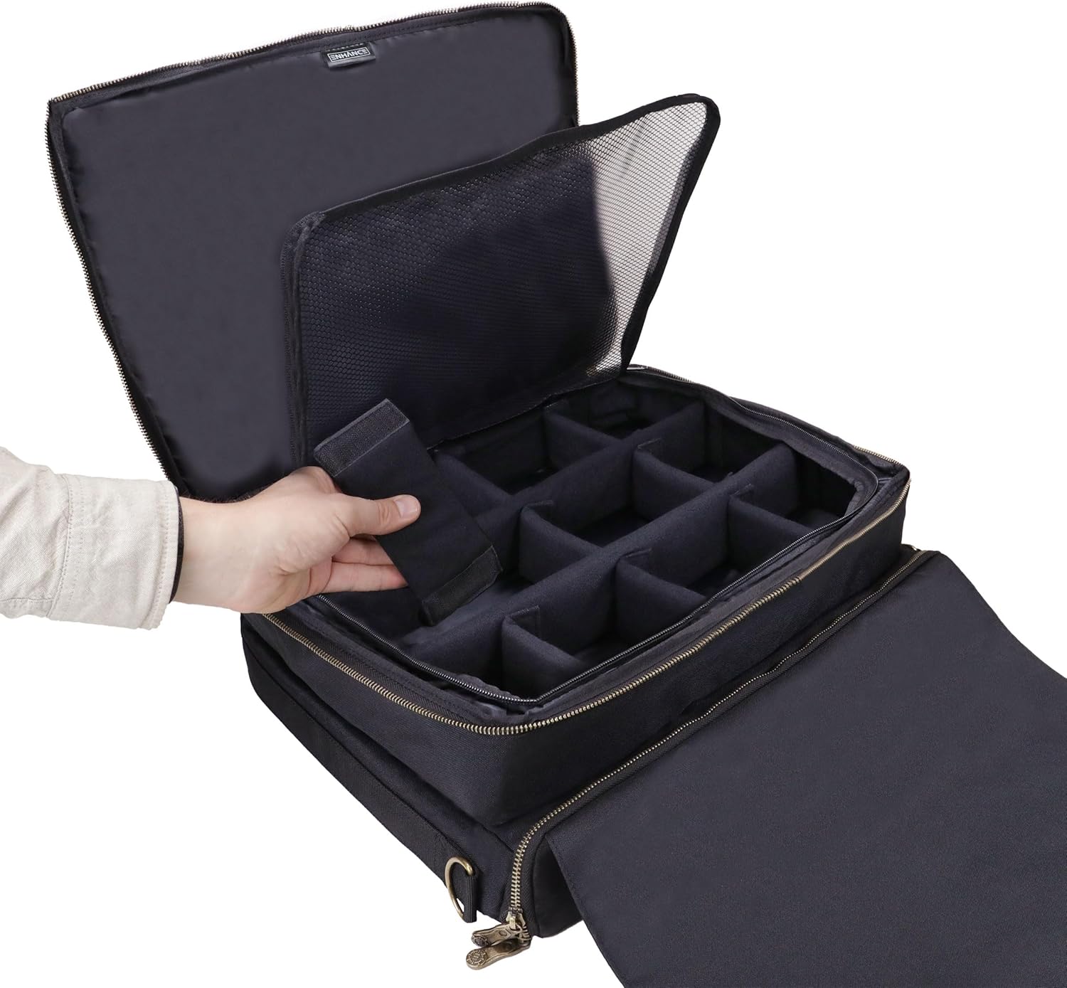 ENHANCE MTG Bag Compatible with Deck Box, Top Loader Binder, MTG Commander Deck & more TCG Trading Card Accessories - Trading Card Travel Bag with Card Defender Screen, Customizable Interior (Black)