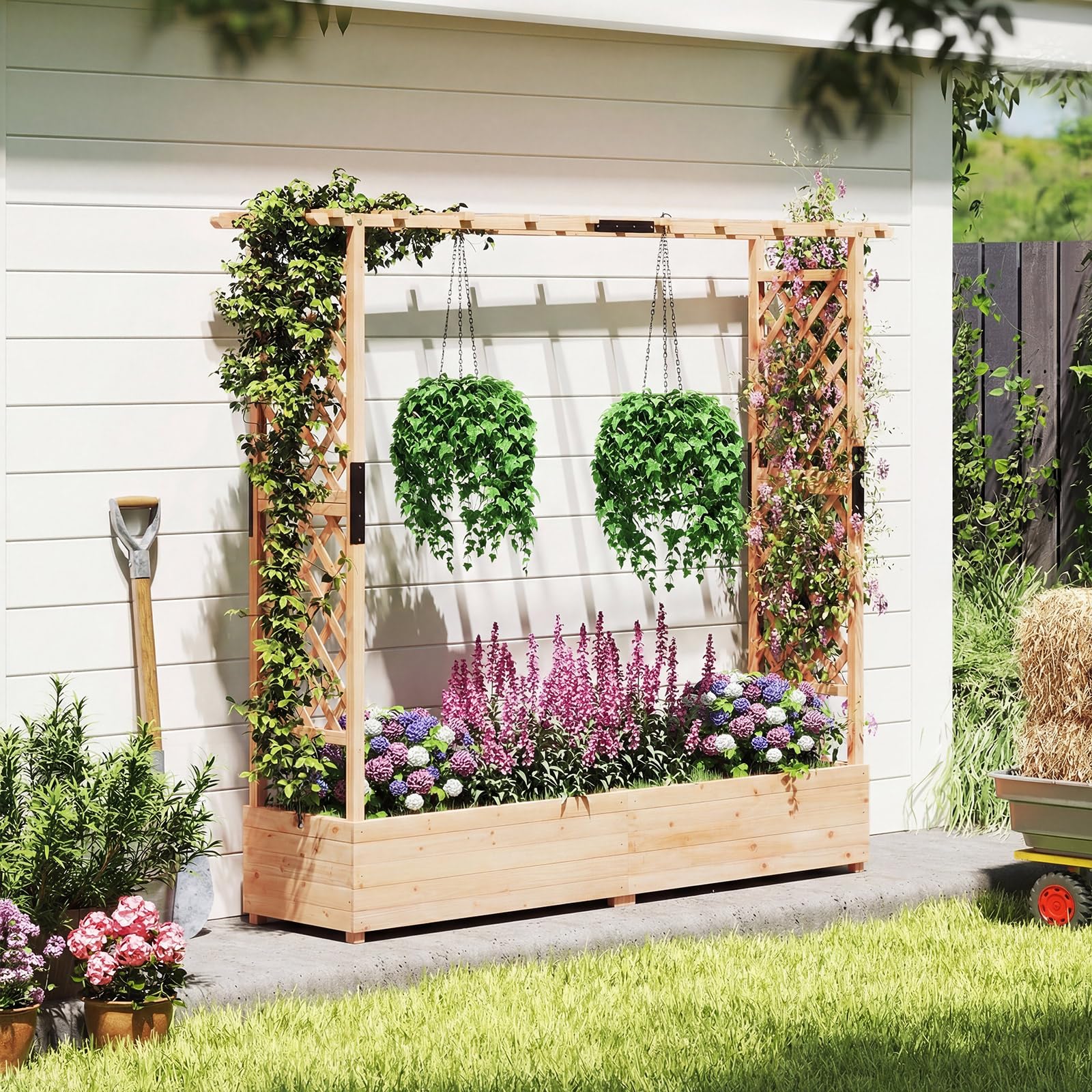 COSTWAY Blumenkasten mit Rankgitter & hängendem Dach, Pflanzkasten mit Rankhilfe, Hochbeet für Kletterpflanzen & hängende Körbe, für Garten Hof Terrasse, Pflanzkübel Holz, 196 x 44 x 182 cm (Natur)