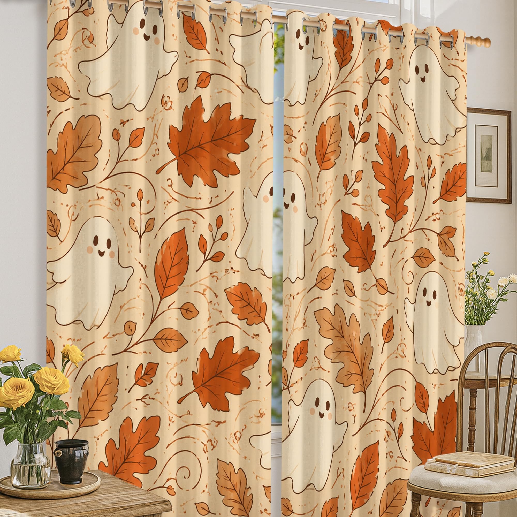 Rideaux occultants chambre enfant motif branches feuilles automne orange 132x160