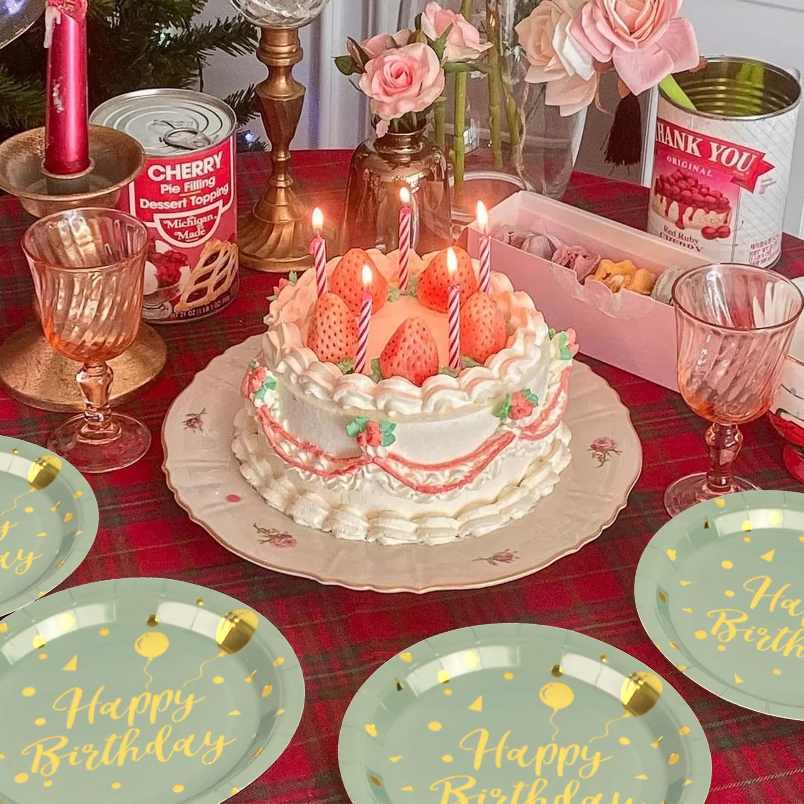EVYIENEN Lot 50 Assiettes + Serviettes Vert Sauge Happy Birthday – Jetables Biodégradables, Anniversaire Éco-Responsable