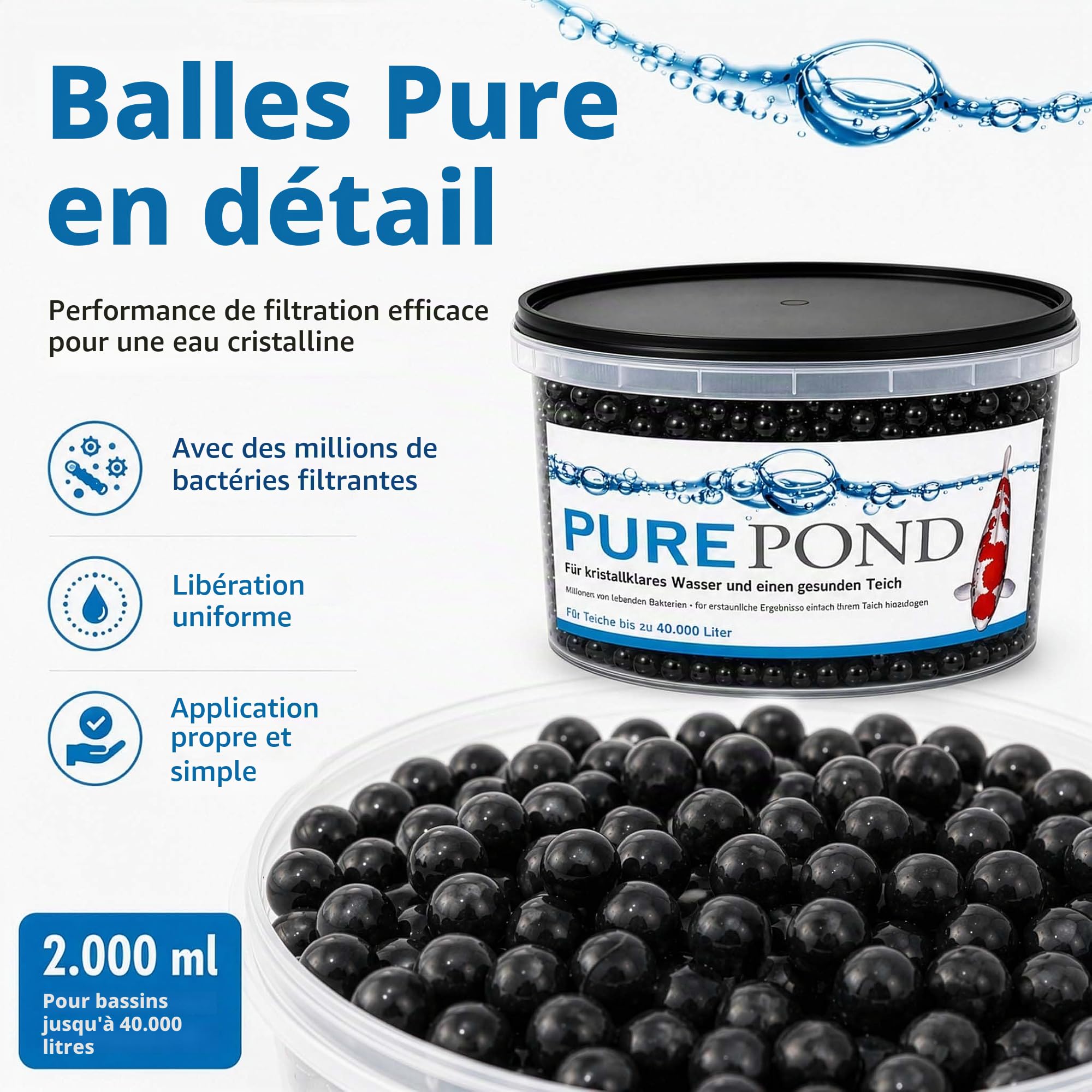 Evolution Aqua Pure Pond 2000 ML - pour 40000 litres - bactéries et enzymes - pour Filtre Eau Filtration Entretien Bassin Aquarium - régulation des valeurs Ammoniac et Nitrite - aquariophilie