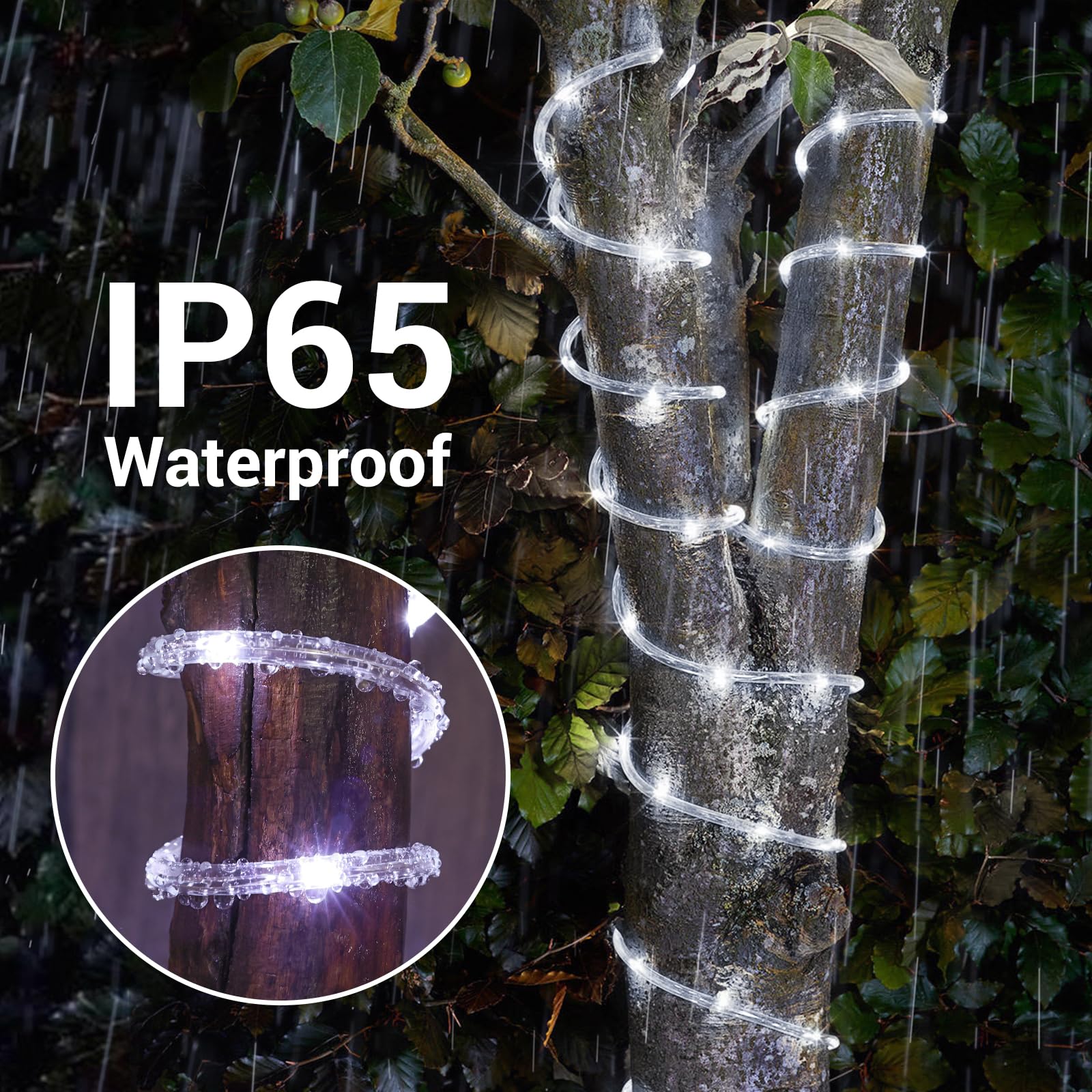Guirnalda de luces solares de 66 pies, 200 LED, 8 modos, impermeable, funciona con energía solar, luz de tubo transparente flexible para jardín, patio, cubierta, porche, piscina, árbol decorativo
