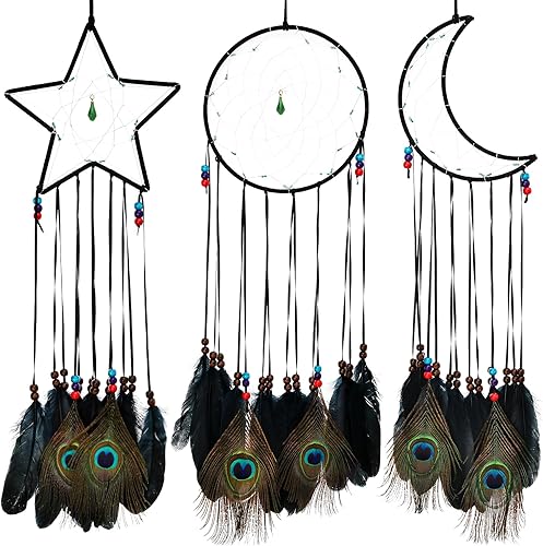 FeelfunFeather 3 piezas de atrapasueños negros tradicionales con diseño de luna, sol, estrella y plumas negras y de pavo real para niños para colgar