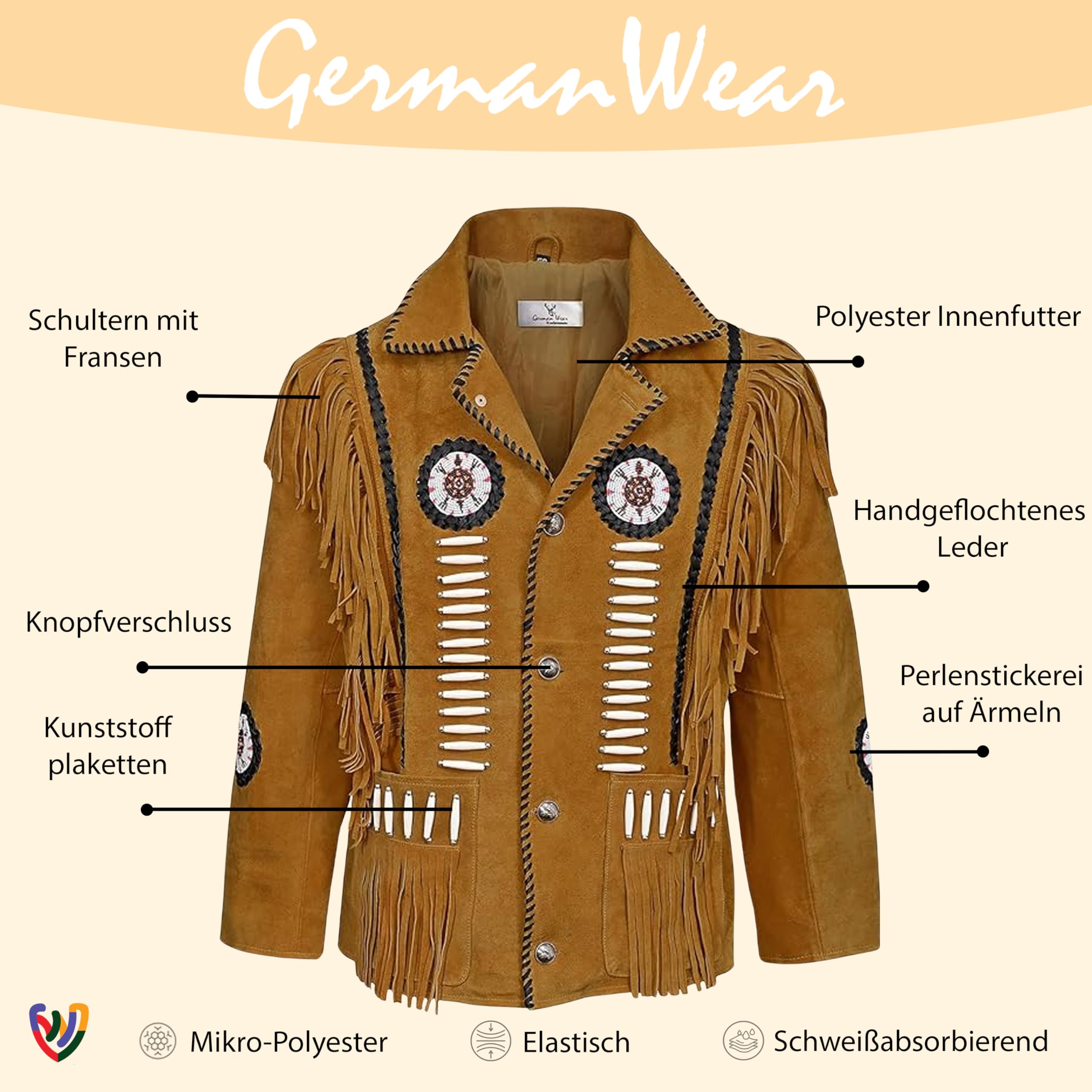 German Wear Herren Indianer Westernjacke Reiter Jacke Western-Lederjacke Tracht jacken