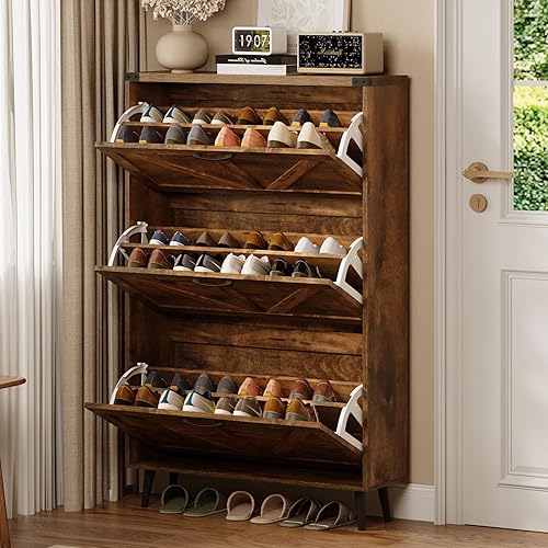 Miniatura 65 de Zapatero con 2 cajones abatibles y almacenamiento abierto, armario de almacenamiento de zapatos de granja para entrada, estante organizador estrecho