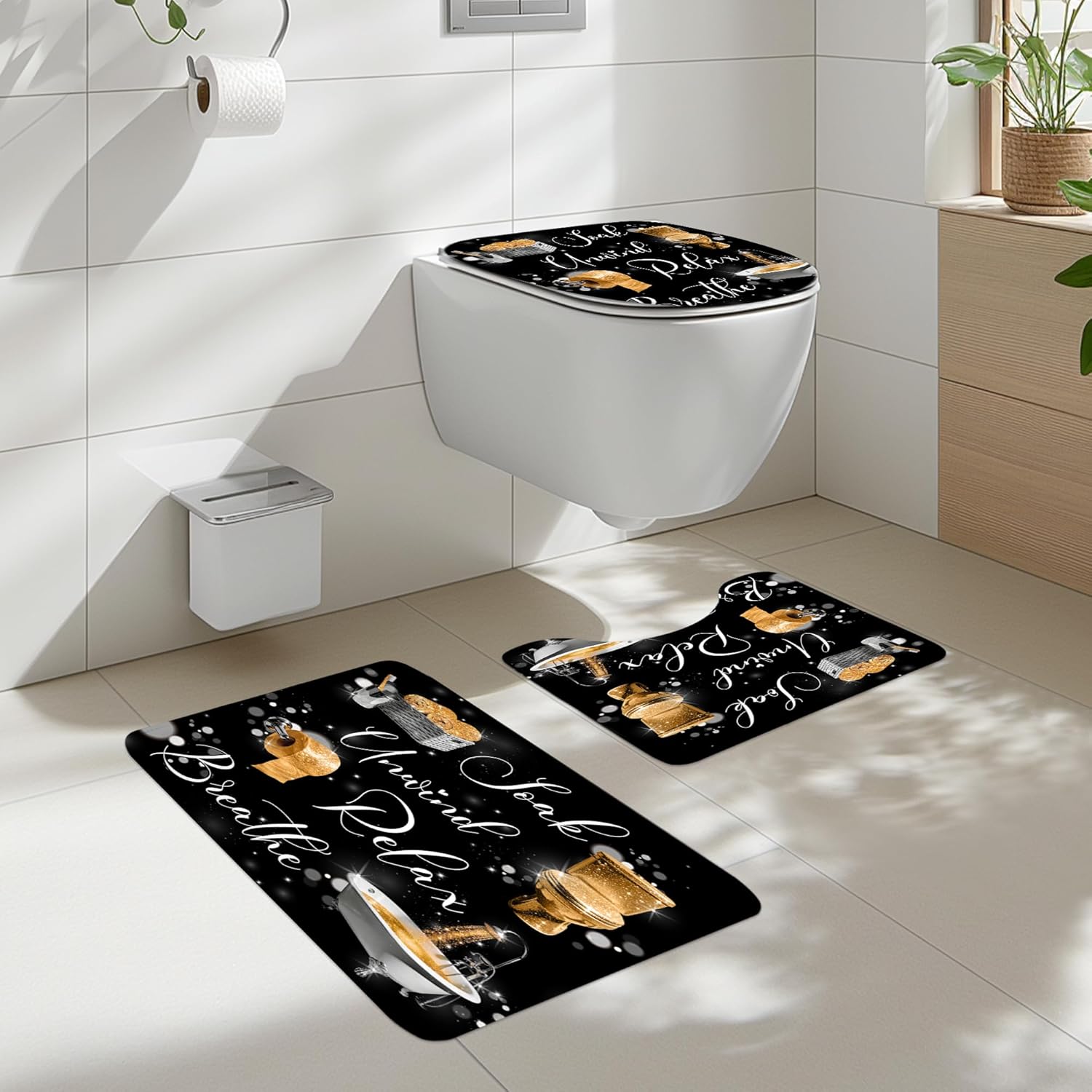 Cinbloo 4Pcs Gold Black Shower Curtain Set, Golden Funny Quotes Positive Inspirational Words Bathroom Curtain with Rug, Toilet Lid Cover, Bath Mat, Fashion Women Girls Shower Curtain with 12 Hooks