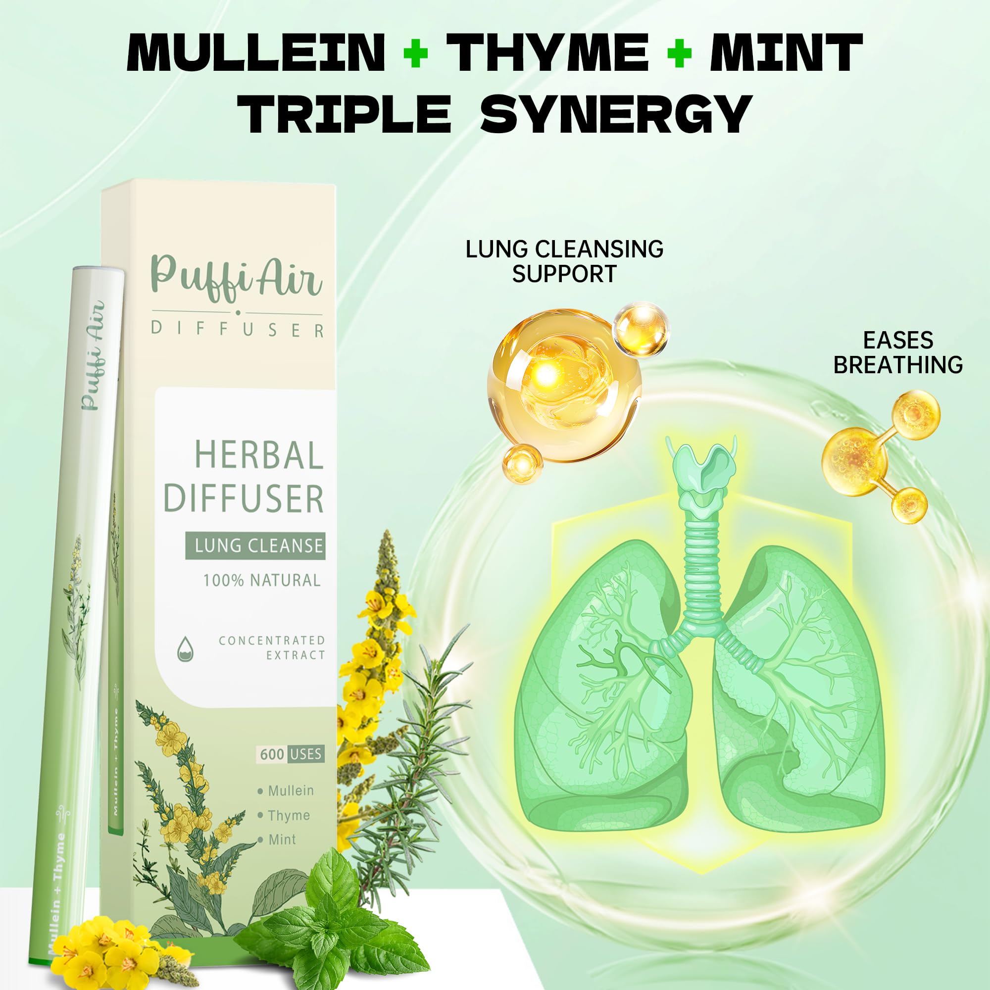 PuffiAir - Bolígrafo difusor de hierbas mejorado con extractos de gordolobo, tomillo y menta para limpieza pulmonar, mejora de la respiración, refrescamiento del aire oral y