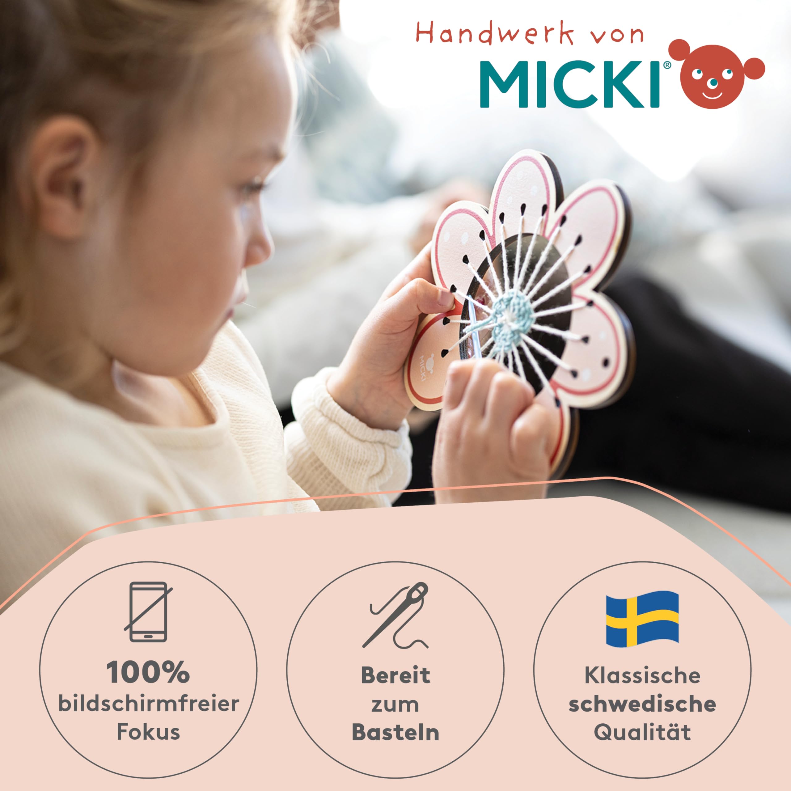 Micki Webrahmen für Kinder, Bastelset Kindergeburtstag, aus Holz, 3 Figuren | Webrahmen Kinder (Bär, Hase und Blume), Holzwebrahmen mit stumpfer Nadel und 4 Garnen, DIY Set Kinder, Webstuhl, 5x230x150 mm