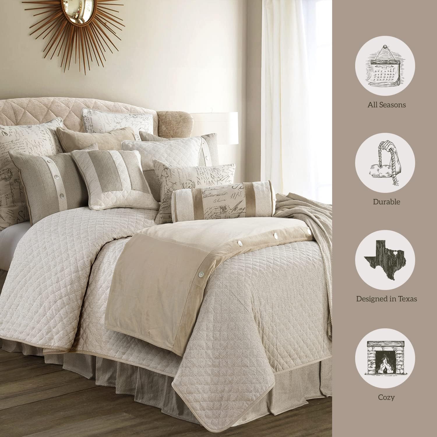 HiEnd Accents Fairfield Linen 4 Piece Coverlet Set, King Size, Herringbone Diamond Quilted Luxury Bedding Set, Traditional Rustic Style, 1 Coverlet, 1 Bedskirt, 2 Pillowcases