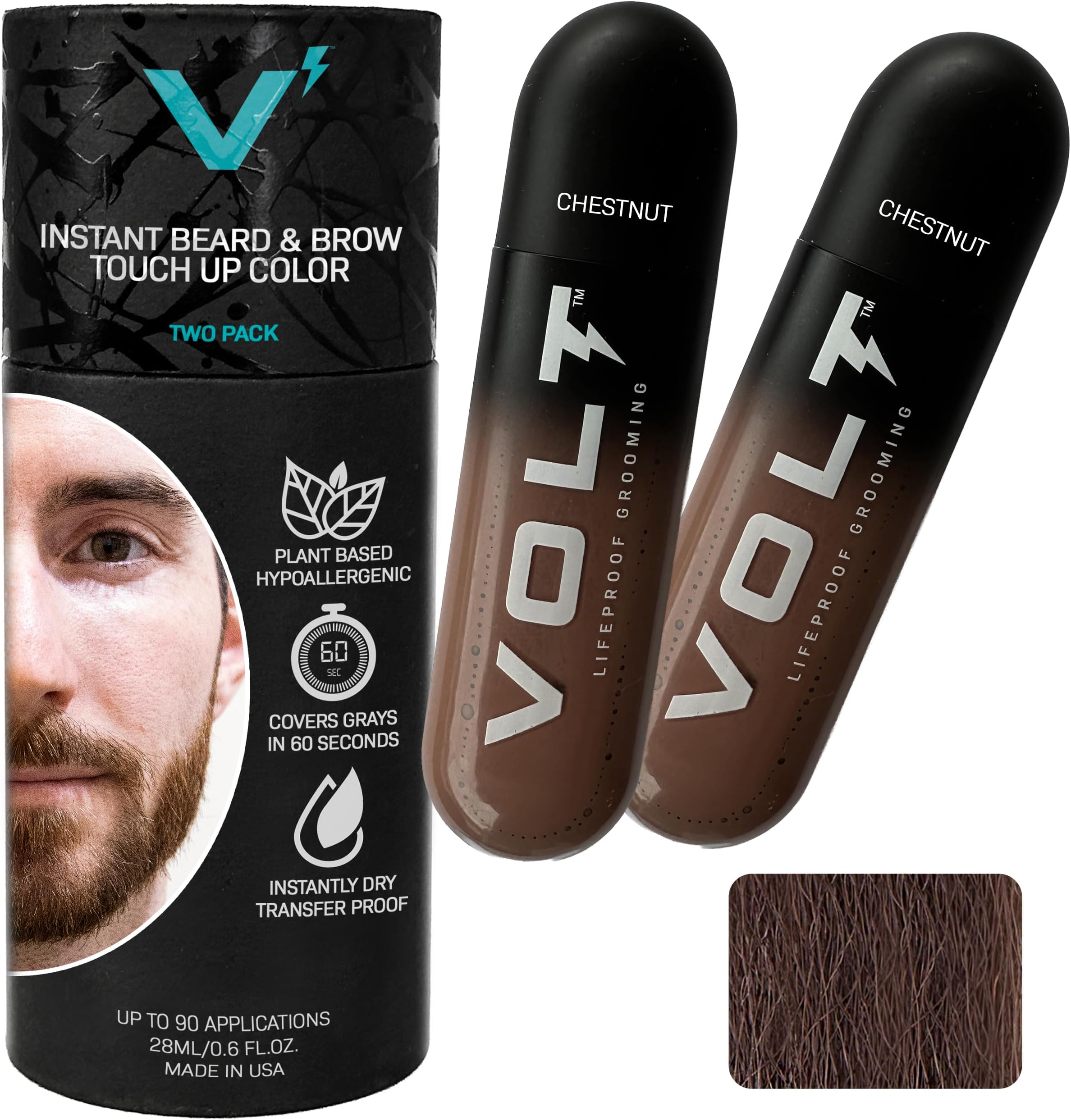 VOLT Grooming Temporary Instant Beard Color for Men, Quick Drying Plant-Based Brush On Beard, Hair, Mustache & Eyebrow Color, Safe for Sensitive Skin, Chestnut Brown, 2-Pack Refill, 90+ Applications