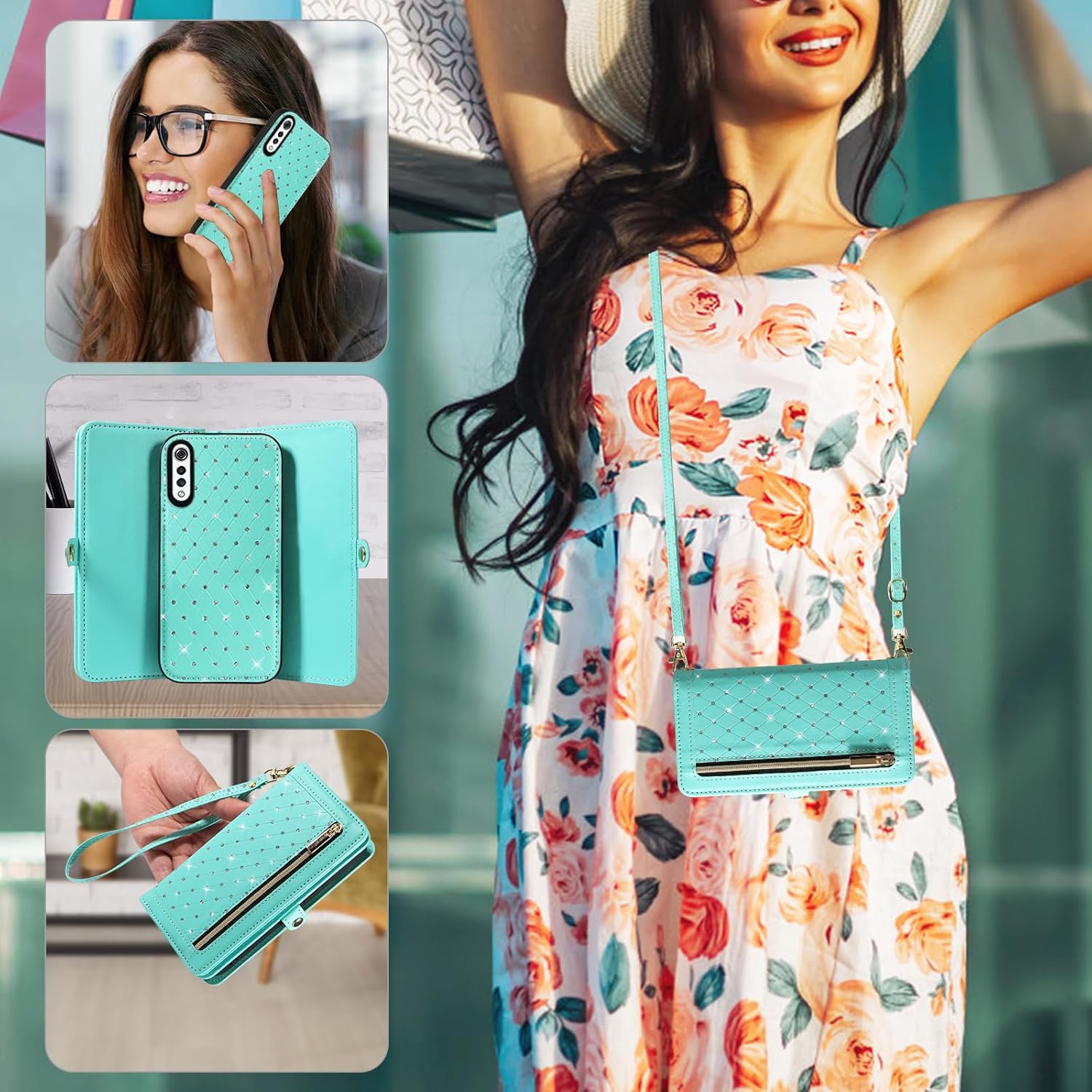 Phone Case for LG Velvet 5G/LGVelvet Verizon G5 UW T-mobile 2020 Zipper Wallet Detachable Cell Cover with Screen Protector Crossbody Strap Bling Flip Credit Card Holder LM G900UM 4G Tmobile Women Teal