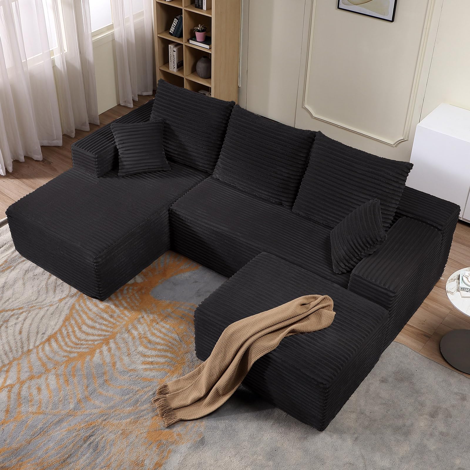 107" Corduroy Modular Sectional Sofa with Ottoman,Modern U-Shaped Cloud Couch with Deep Seat,Comfy 3-Seater Sofa for Living Room,No Assembly (Black,