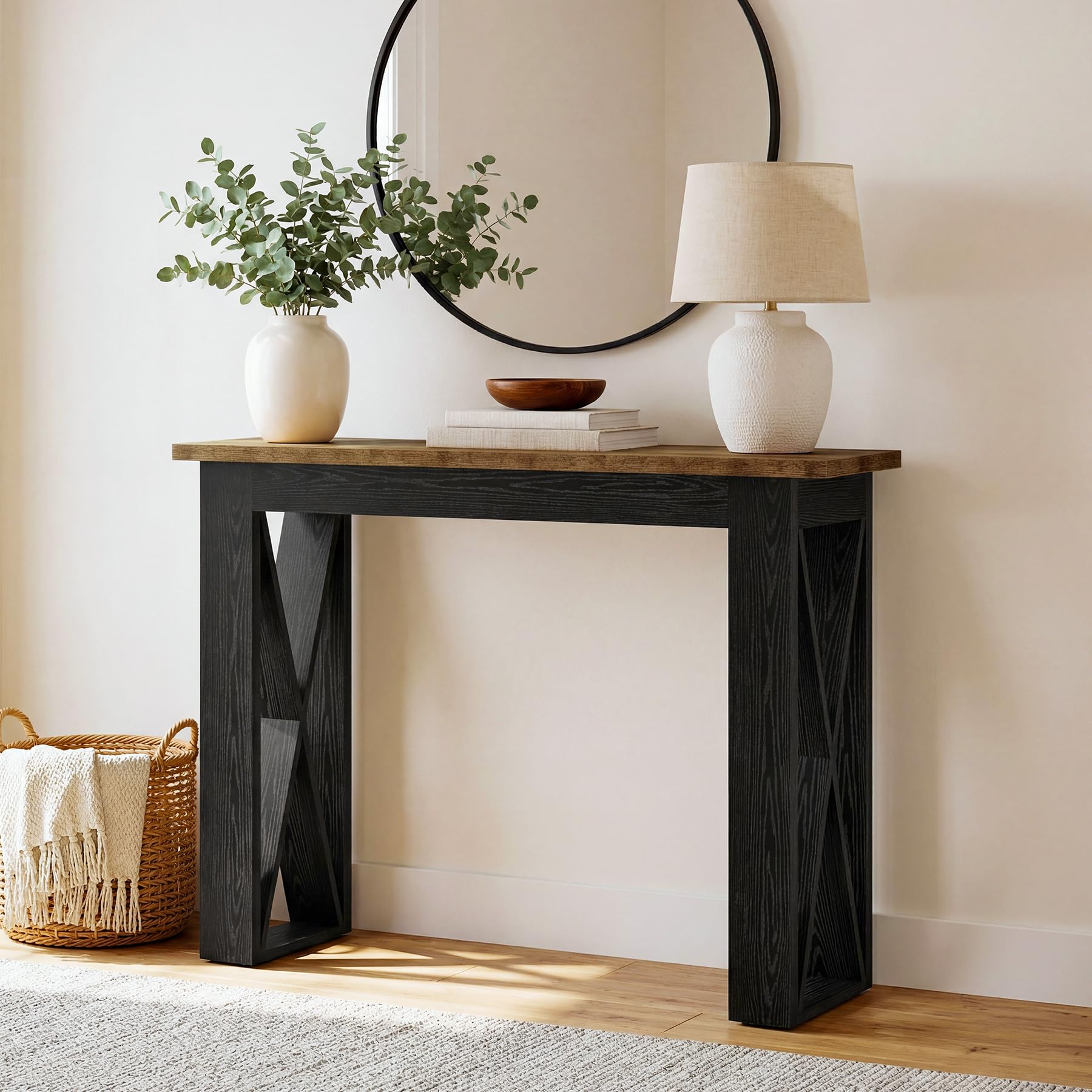 Tribesigns Mesa Consola Estrecha Industrial de 105 cm, Consola de Entrada para Sofá con Patas Metálicas para Salón, Entrada, Cocina, Dormitorio, Marrón Rústico y Negro