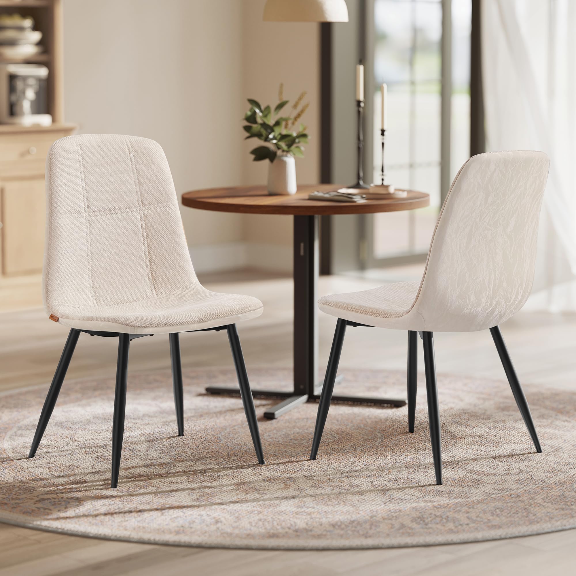 VASAGLE Dining Chairs Set of 2, Kitchen Chairs, Metal Frame, Adjustable Feet, Easy to Clean, Chenille Fabric, Glacier-Textured Synthetic Leather, for Kitchen, Cream White KDC187WD02