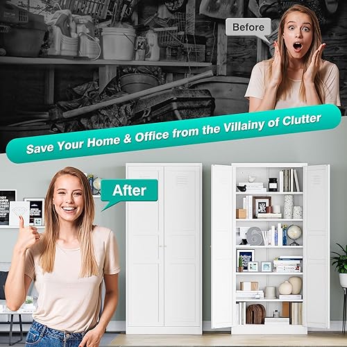Miniatura 7 de SISESOL Armario de almacenamiento de metal blanco, armario de despensa de 71 pulgadas de alto, armarios de almacenamiento de despensa de cocina con