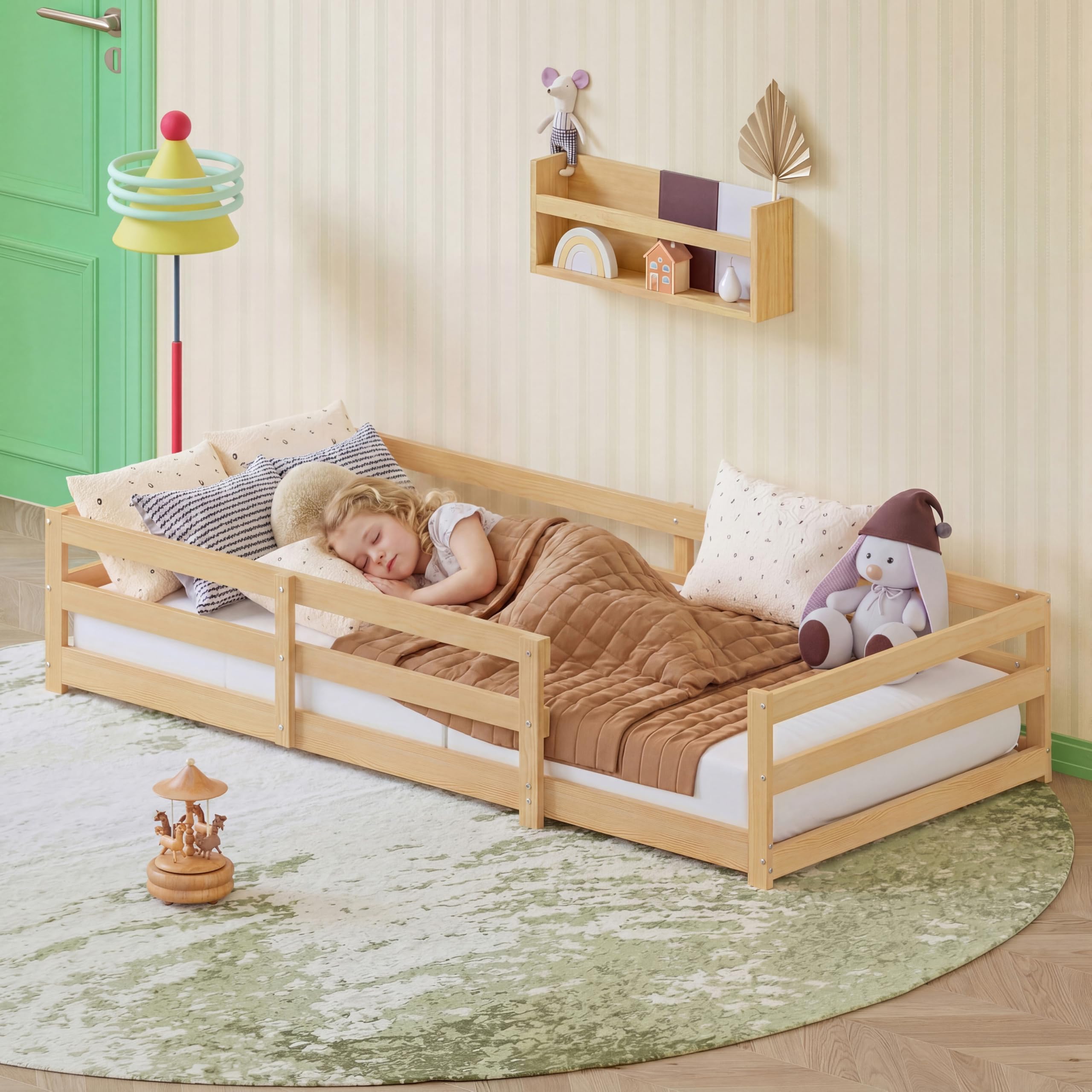 Cama infantil Montessori de pino macizo 90x200 cm con barrera
