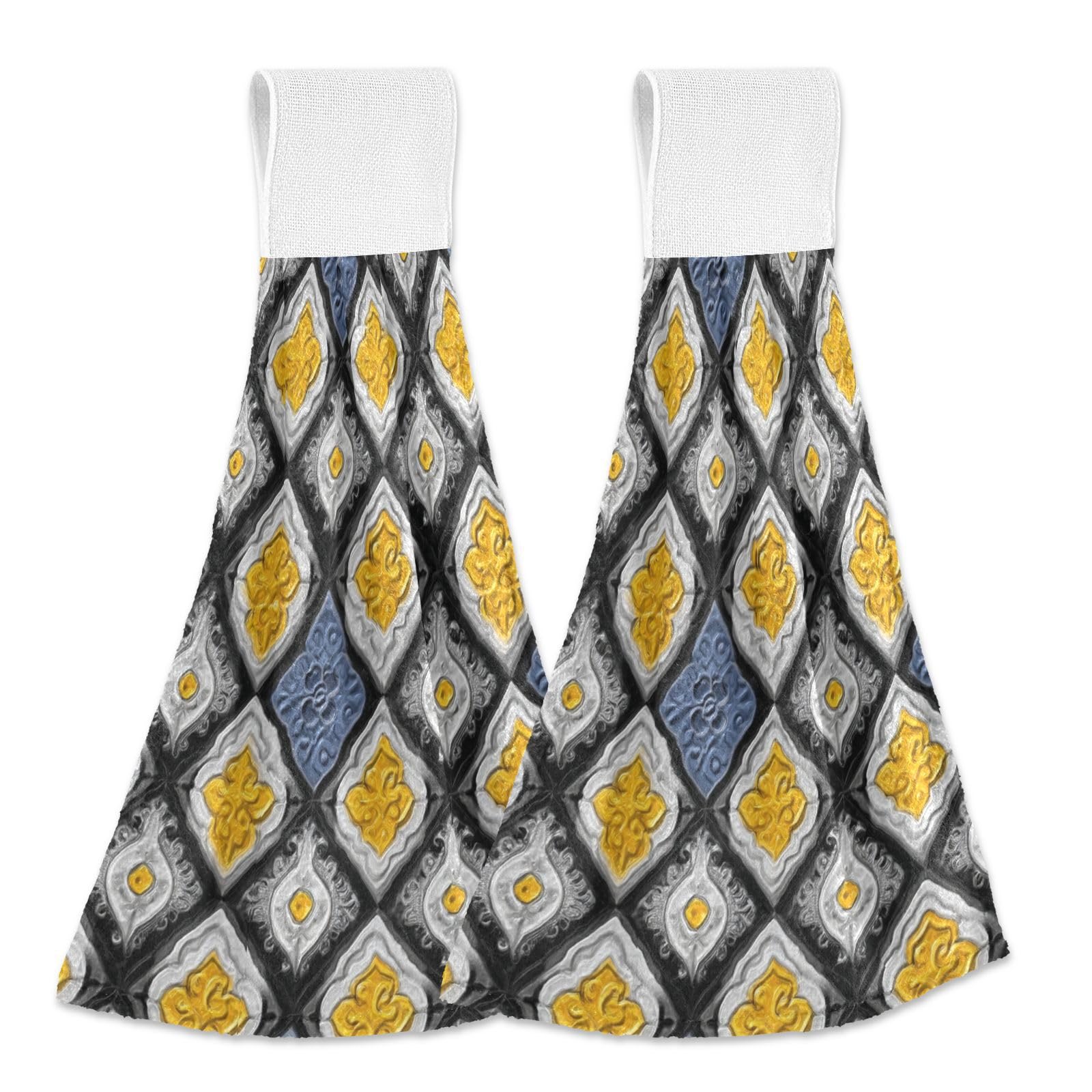 Boccsty Yellow Grey Black Ceramic Wall Hanging Kitchen Towels 2 Pieces Tiles Dish Cloth Tie Towels Hand Towel Tea Bar Towels for Bathroom Farmhous