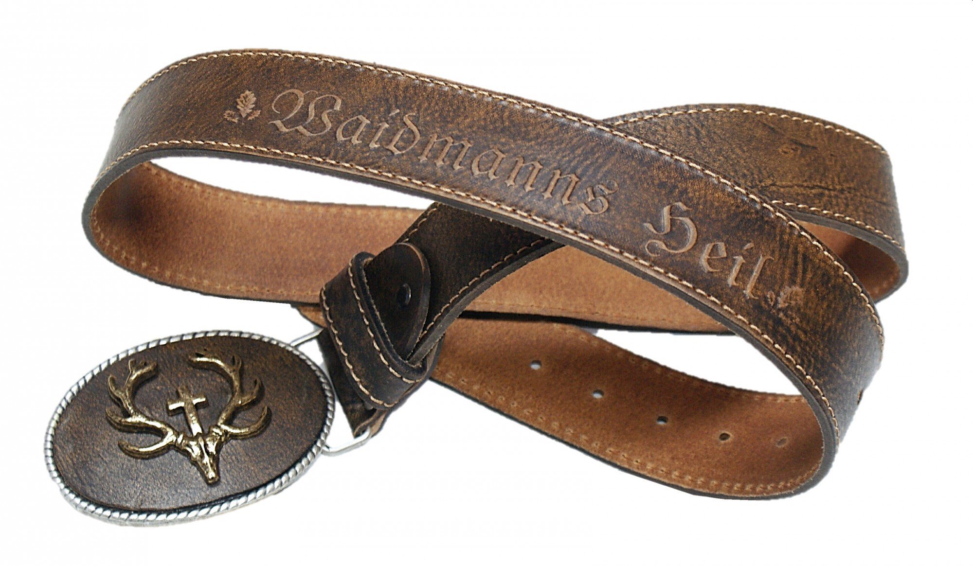 Trachtengürtel Hirsch echt vergoldet Herren Trachten-Gürtel für Lederhose Ledergürtel echt Leder braun mit Patina Handarbeit Made in Austria Unikat Hirschkopf Jagd Jäger
