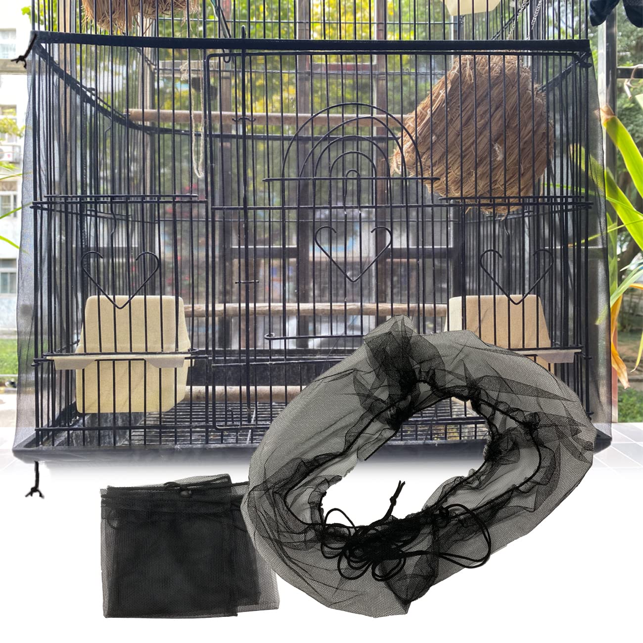 Garden Bird Cage Cover, Parrot Seed Catcher Seeds Guard Mesh Net with Ajustable Buckle for Round Square Square Cages, 1 pcs