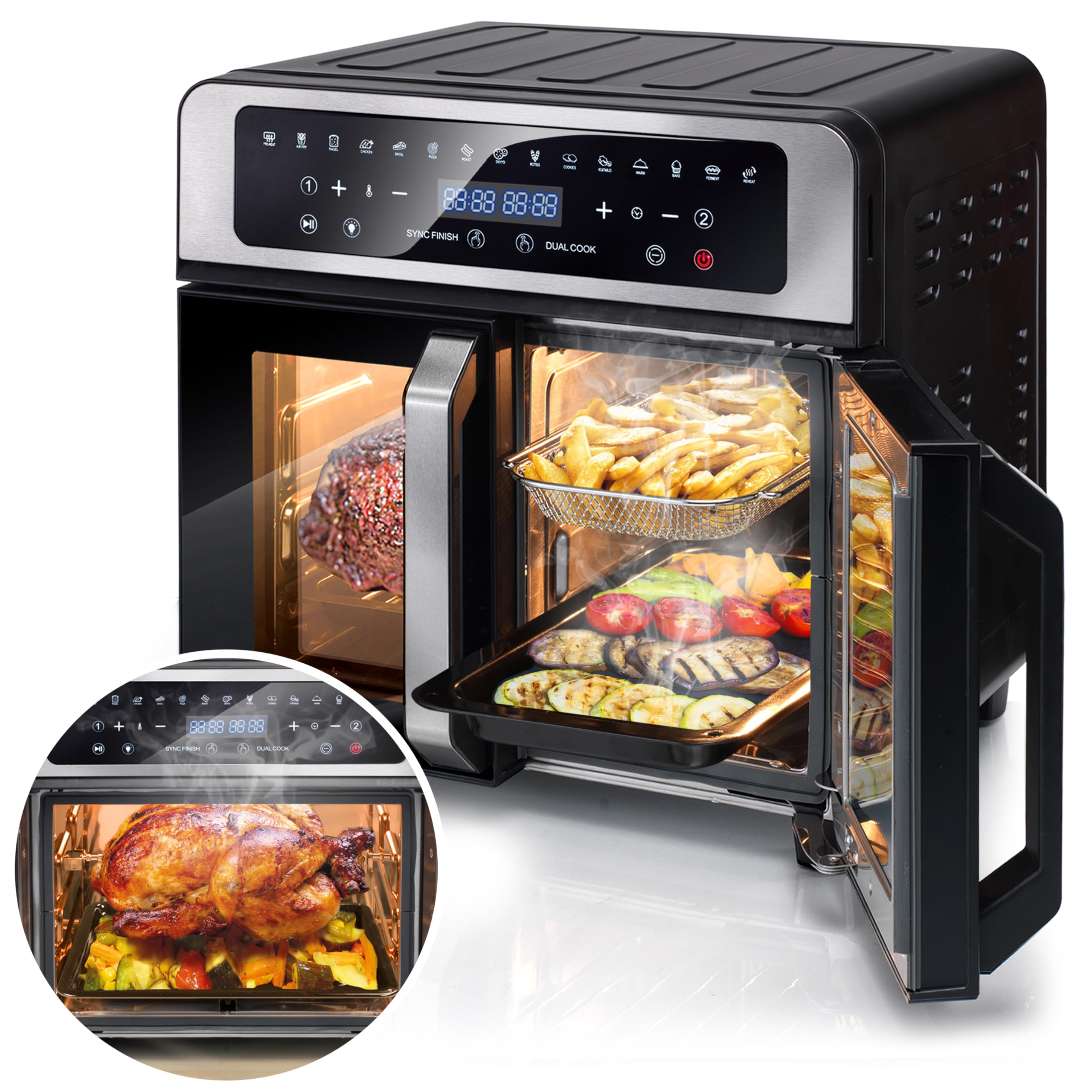Air Fryer + Dual Oven Chef Evolution 2 independent zones for 2 different recipes ready at once Super Wide: the largest capacity on the market Healthy Fast Save Energy With Recipe Book
