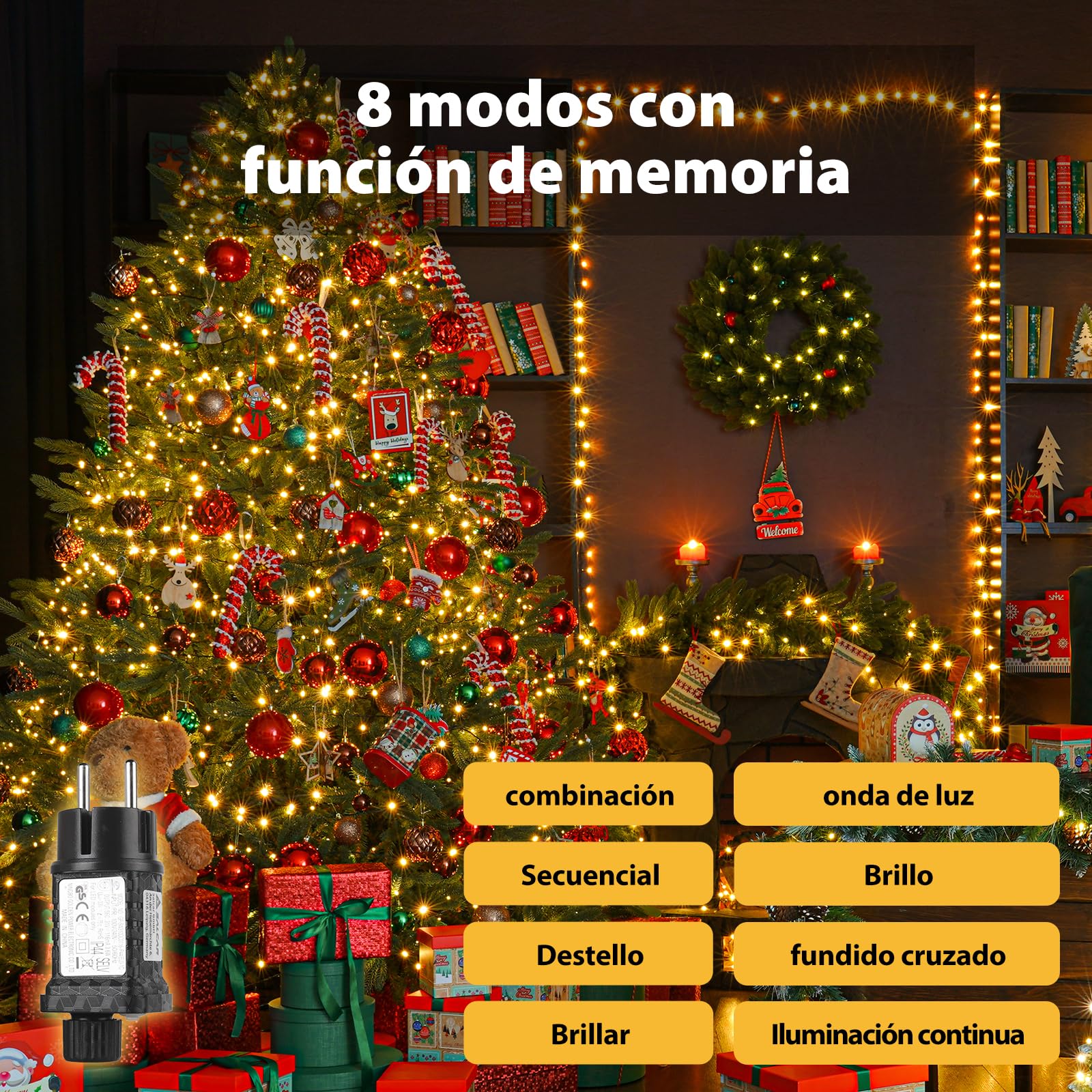 SALCAR 23m 360 LEDs Cadena de Luces, IP44 Impermeable Cadena Ligera Navidad, Cadena Luminosa con 8 Modos, Decoración Interior Exterior para Jardín Balcón Fiestas (Blanco cálido)