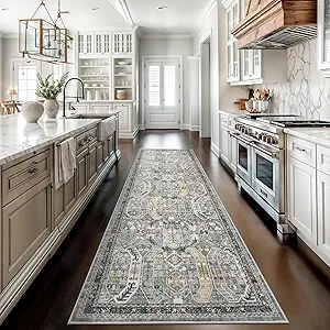 Madane Runner Rug 2x8, Washable Hallway Runner Rugs, Non-Slip Low-Pile Soft Kitchen Rug Runner Laundry Room Rug, Vintage Throw Entry Foyer Mat for Entrance Living Room (Green/Gold, 2 x 8)