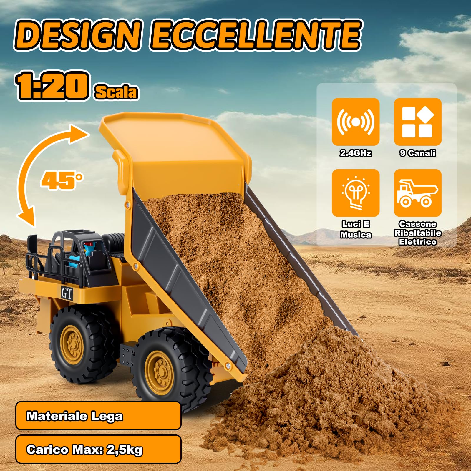 Cheffery Camion Ribaltabile Telecomandato, 2.4GHz Veicolo da Costruzione RC per Bambini, 9 Canali Camion Radiocomandato con Luci e Suoni, Camion Telecomandato per Ragazzi e Ragazze dai 3 anni